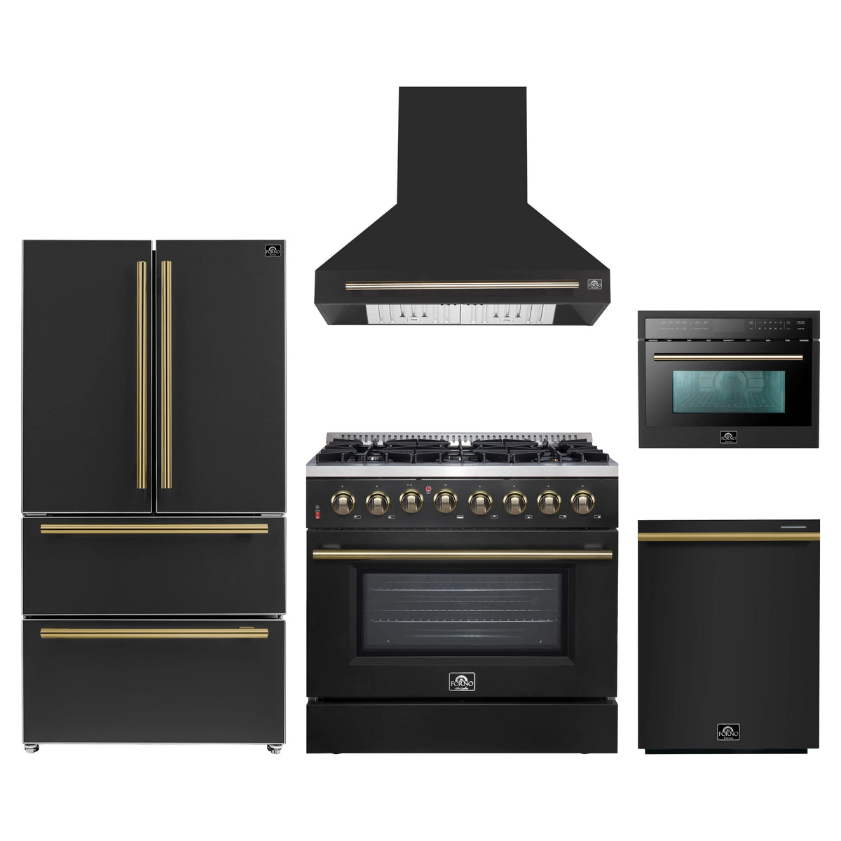 Forno Galiano 5-Piece Appliance Package - 36-Inch Dual Fuel Range, 36-Inch Hood, 36-Inch Refrigerator, 24-Inch Dishwasher, & 24-Inch Microwave Oven in Black with Antique Brass Trim
