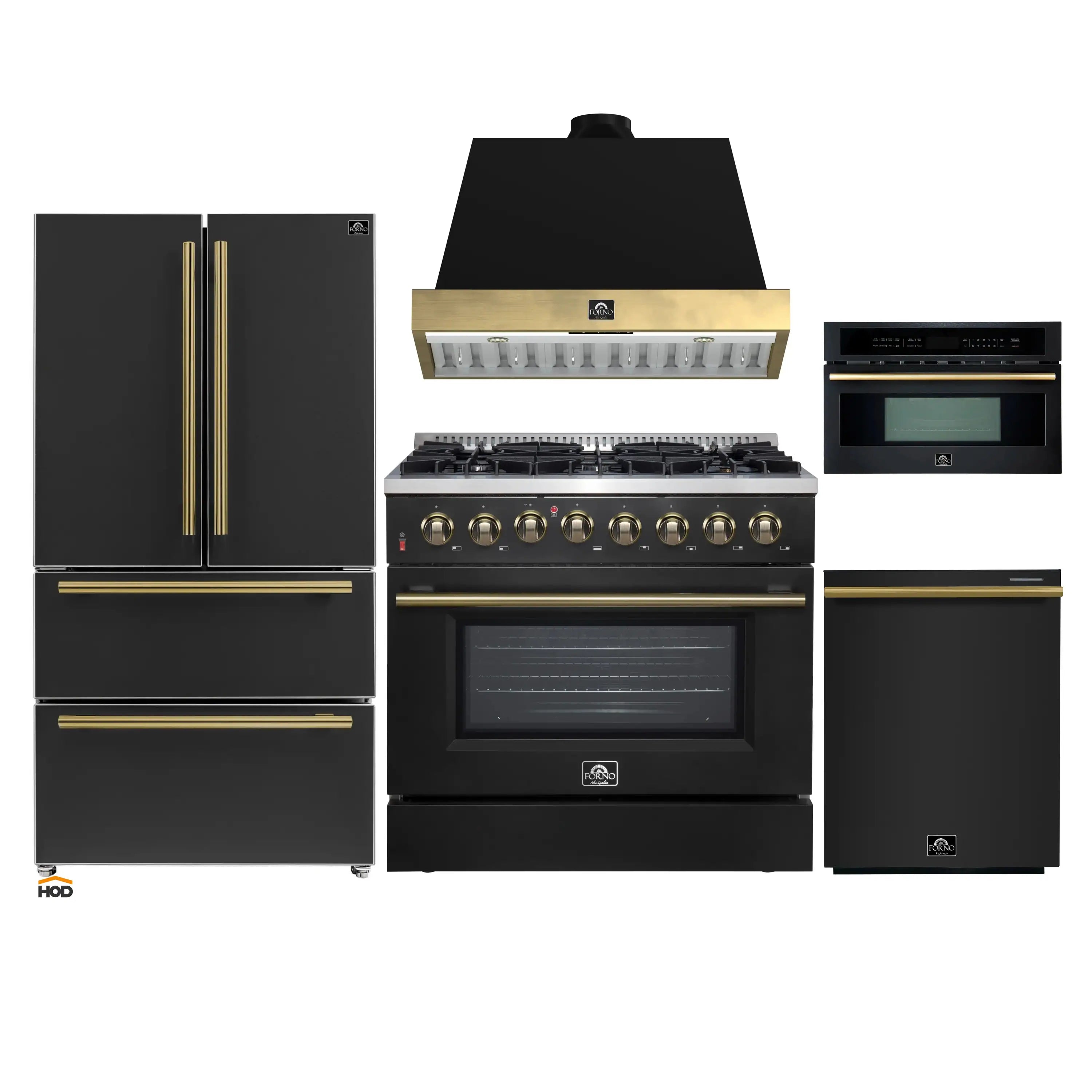 Black 5-piece appliance package with brass accents: range, hood, refrigerator, dishwasher, microwave