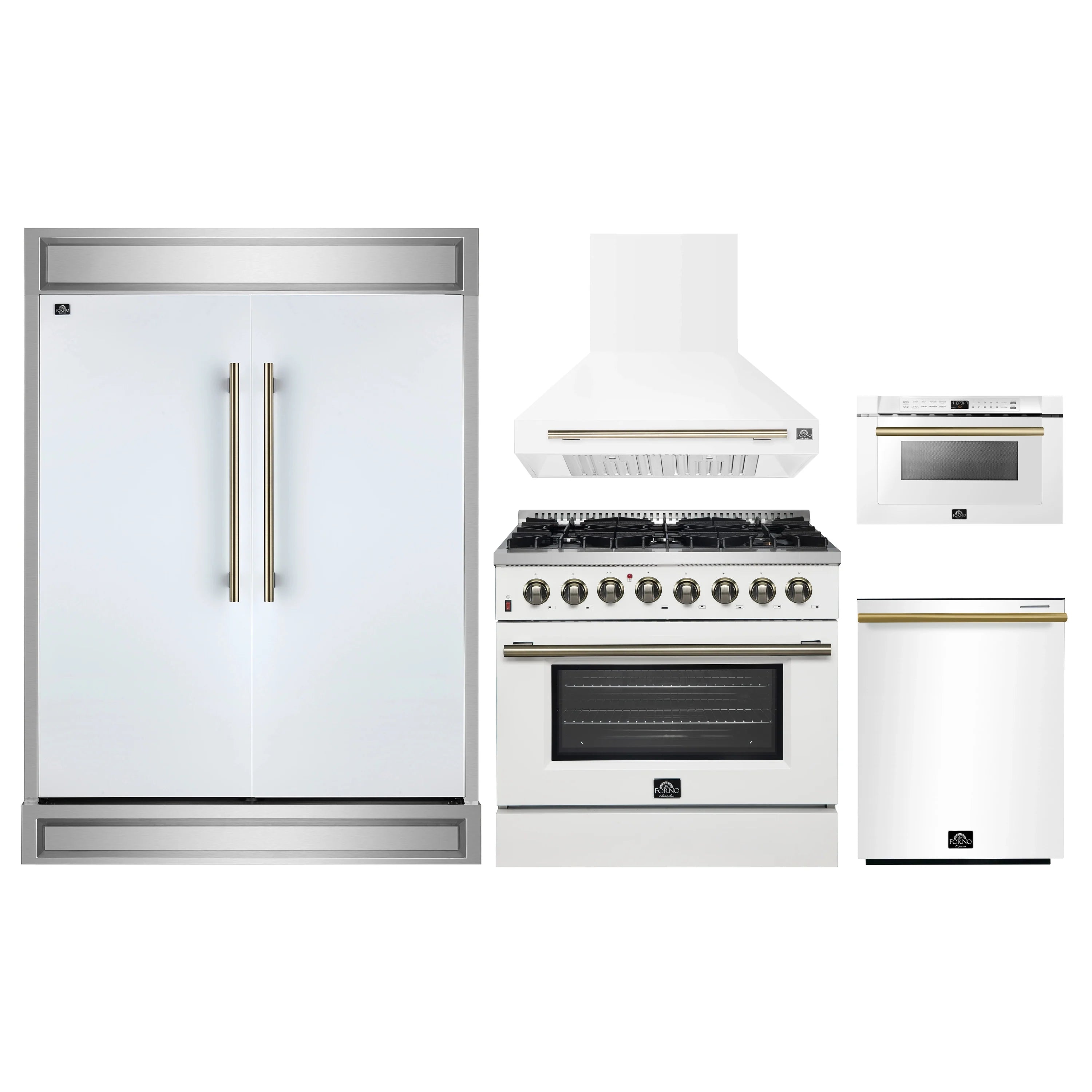 White appliance package with refrigerator, range, and microwave drawer
