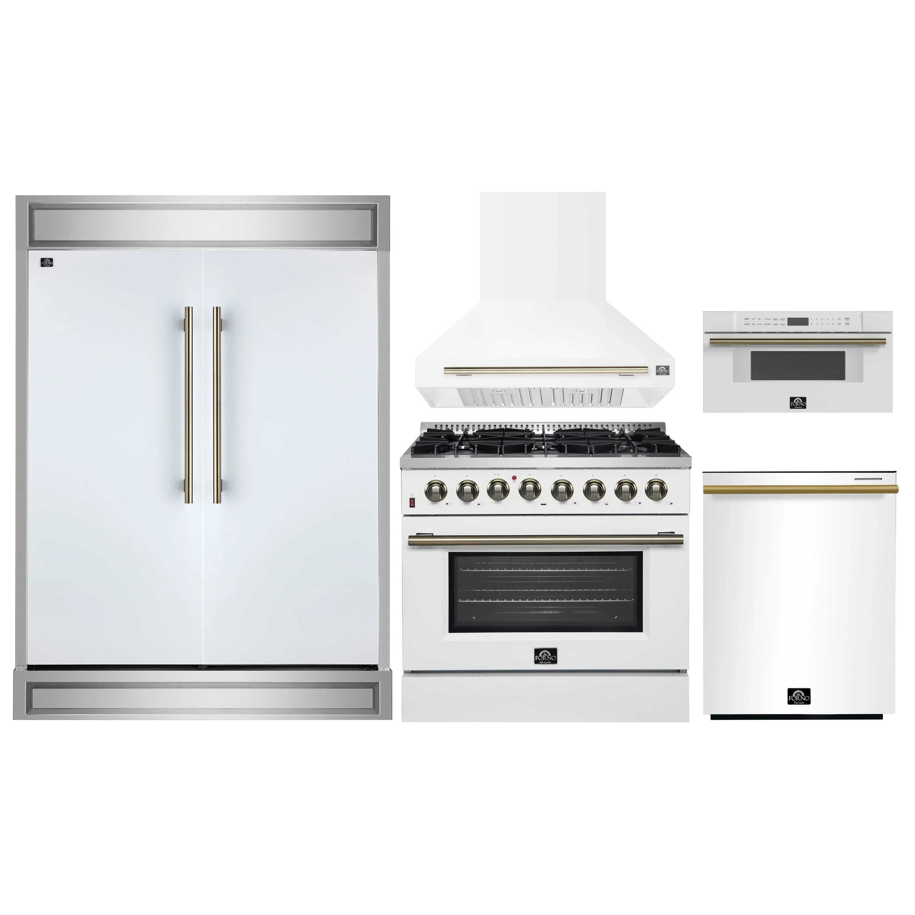 White appliance package layout: oven range, microwave hood, and refrigerator with brass handles