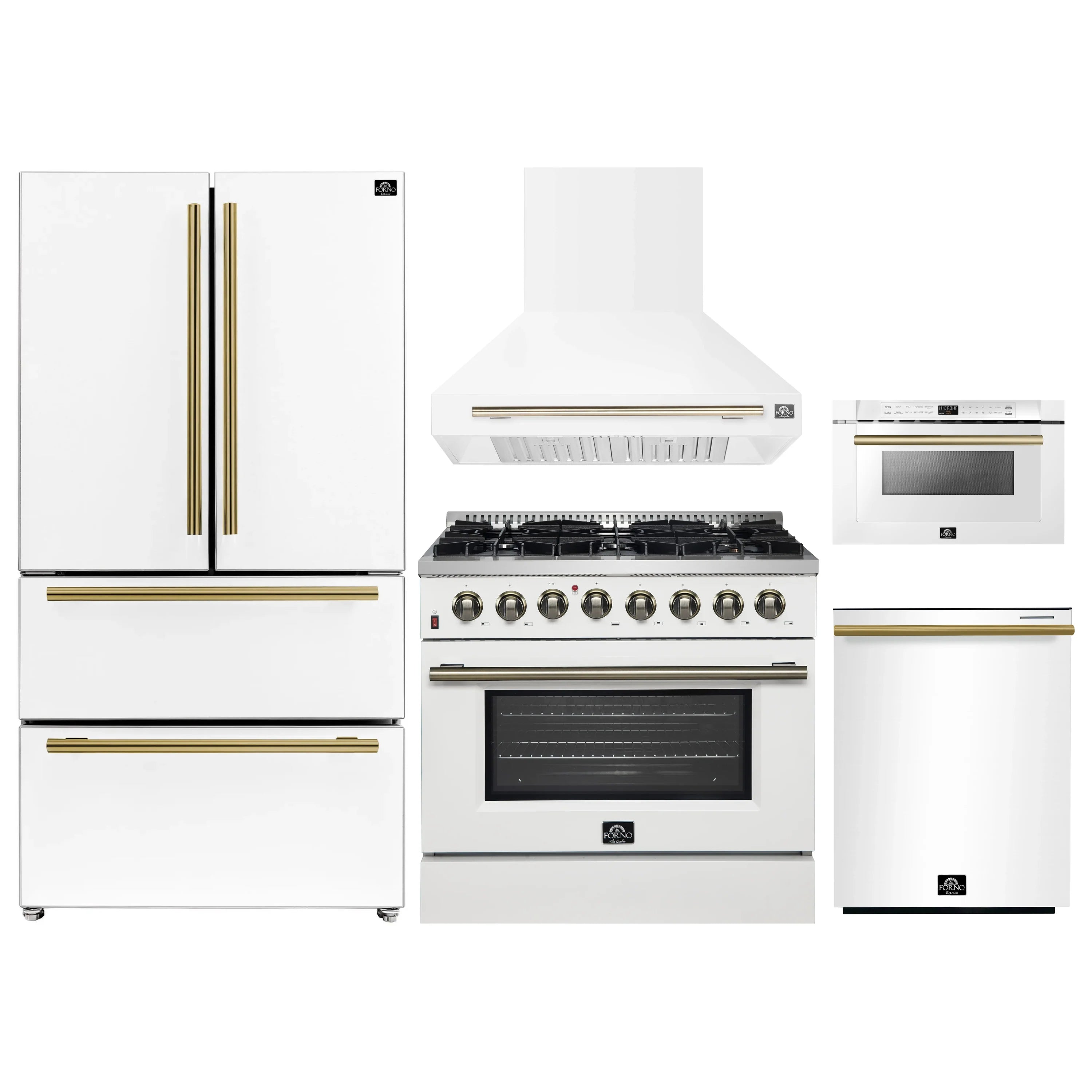 White appliance set: refrigerator, microwave drawer, range hood, and dual fuel range
