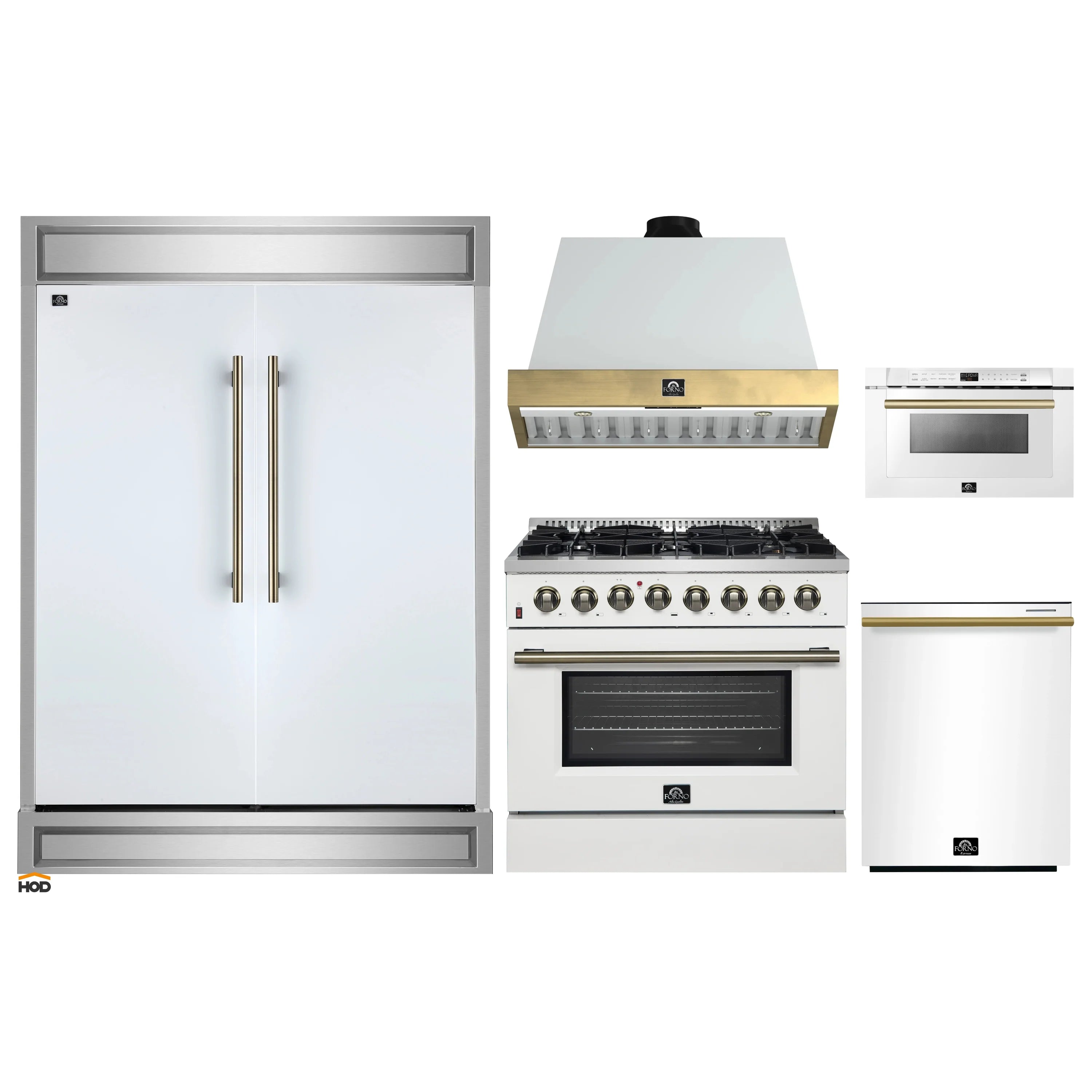 White kitchen appliance set with fridge, dual-fuel range, hood, microwave, dishwasher