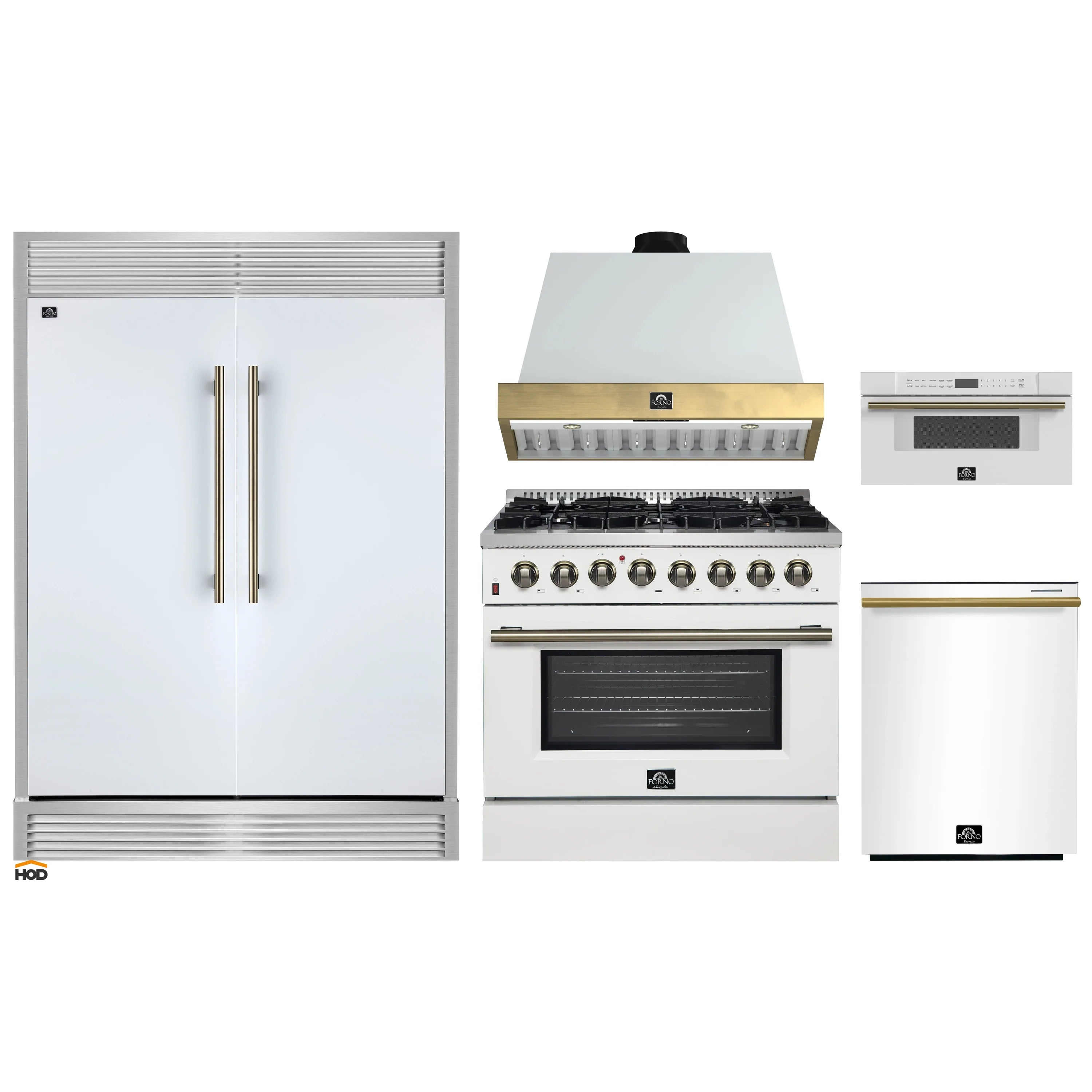 White appliance package with dual fuel range, hood, refrigerator and dishwasher
