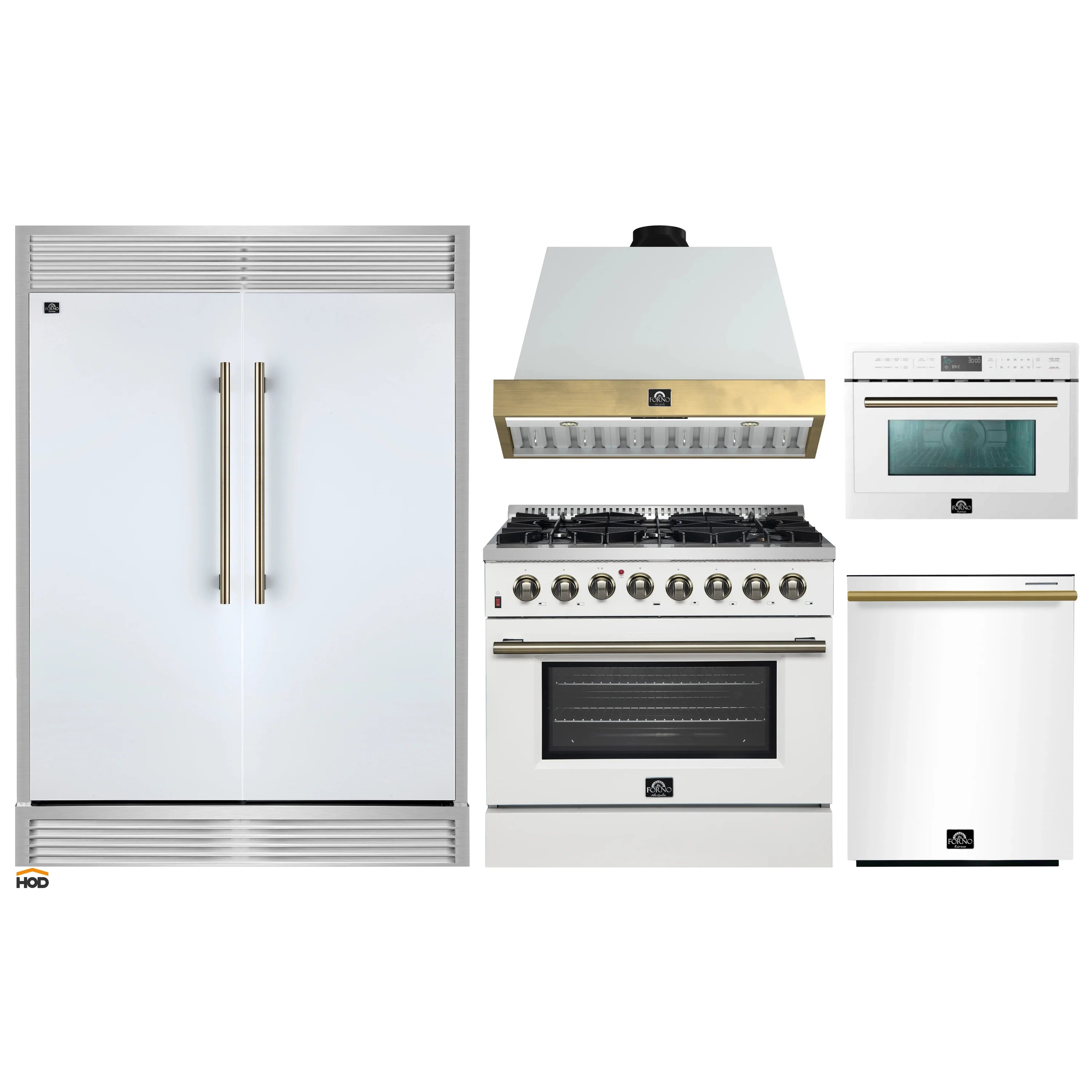 White appliance set: refrigerator, range with hood, and microwave beside