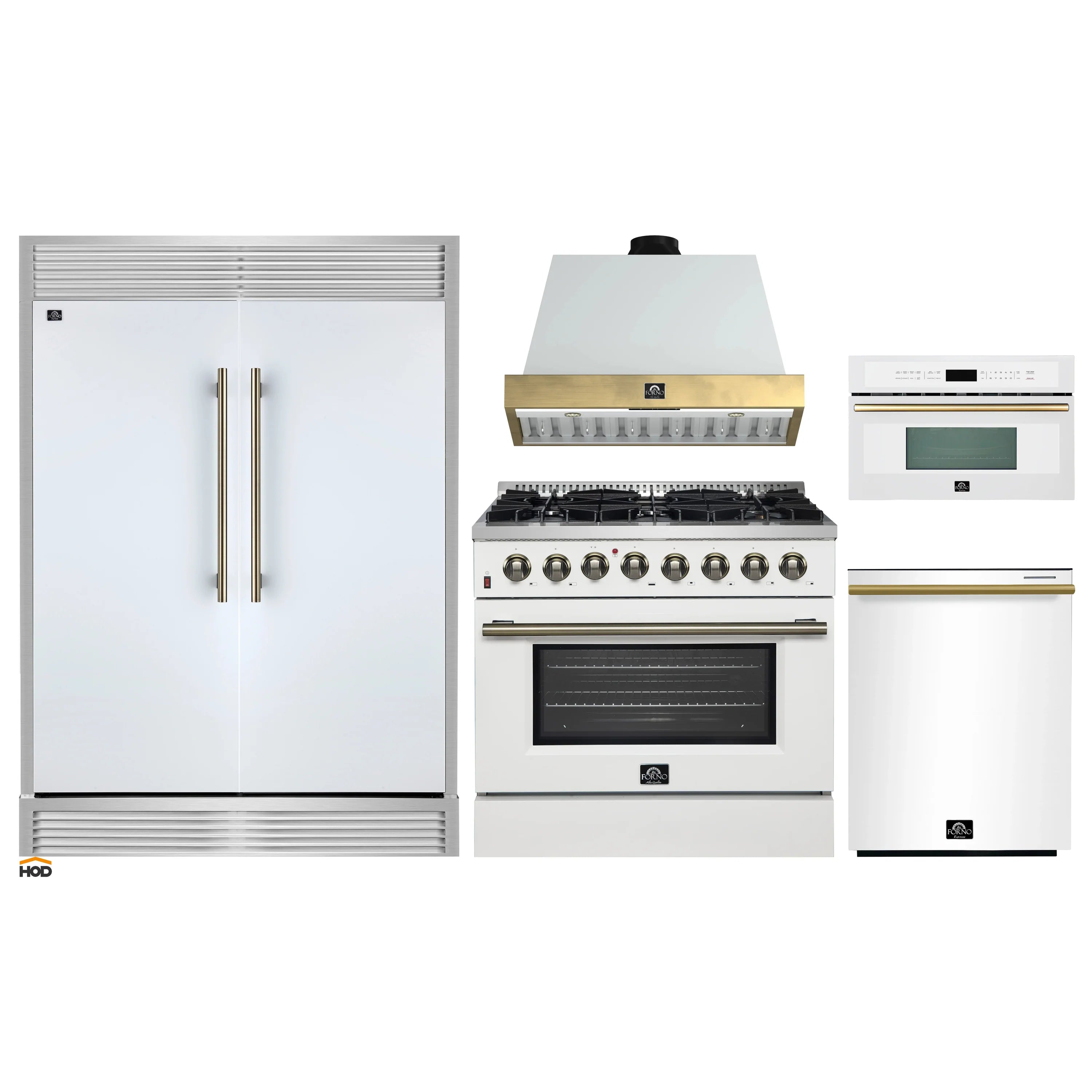 White appliance package with refrigerator, range, hood, and microwave, antique brass accents