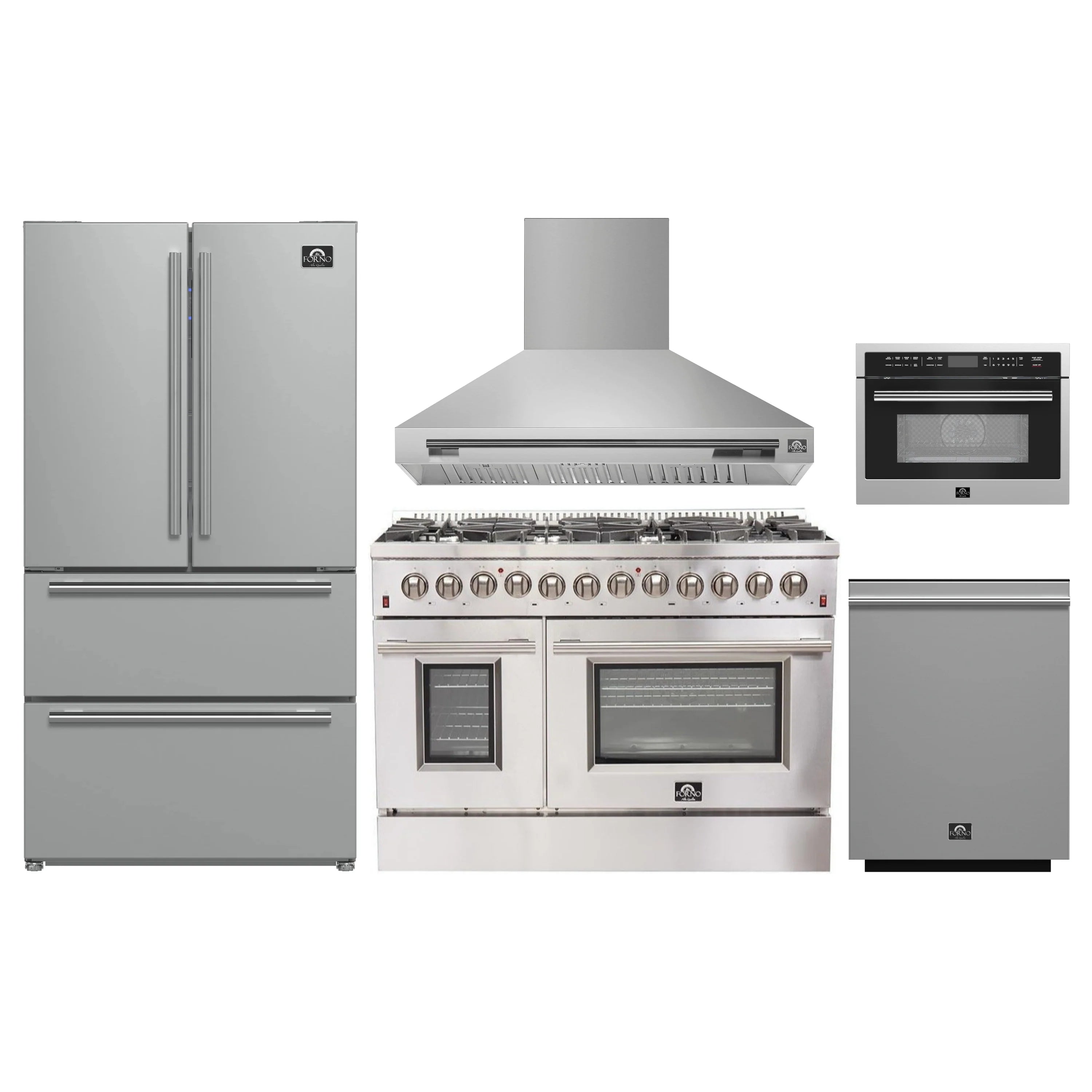 Stainless steel appliance package: refrigerator, range hood, dual-fuel range, dishwasher, microwave