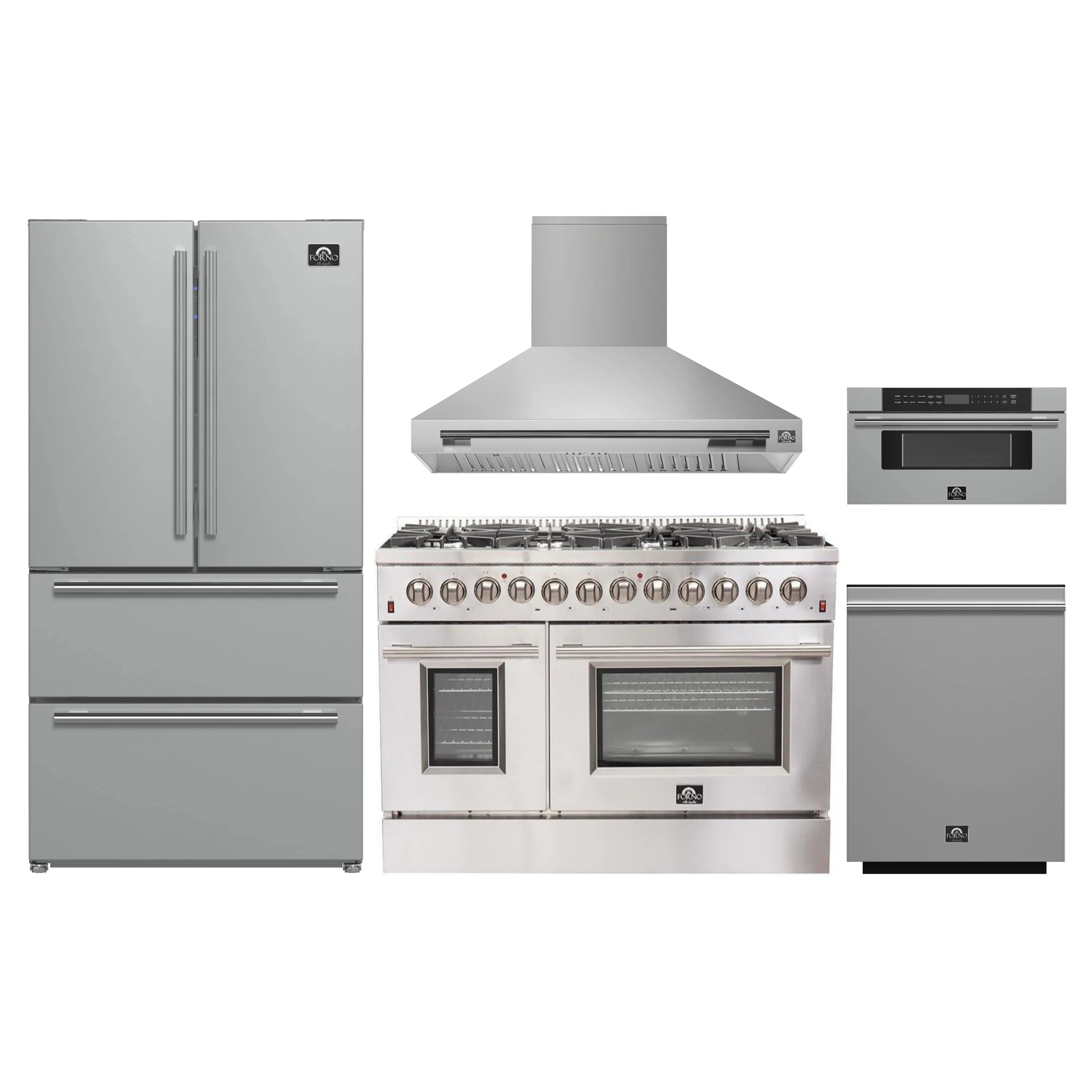 Stainless steel appliance package with refrigerator, dual-fuel range, hood, dishwasher, microwave