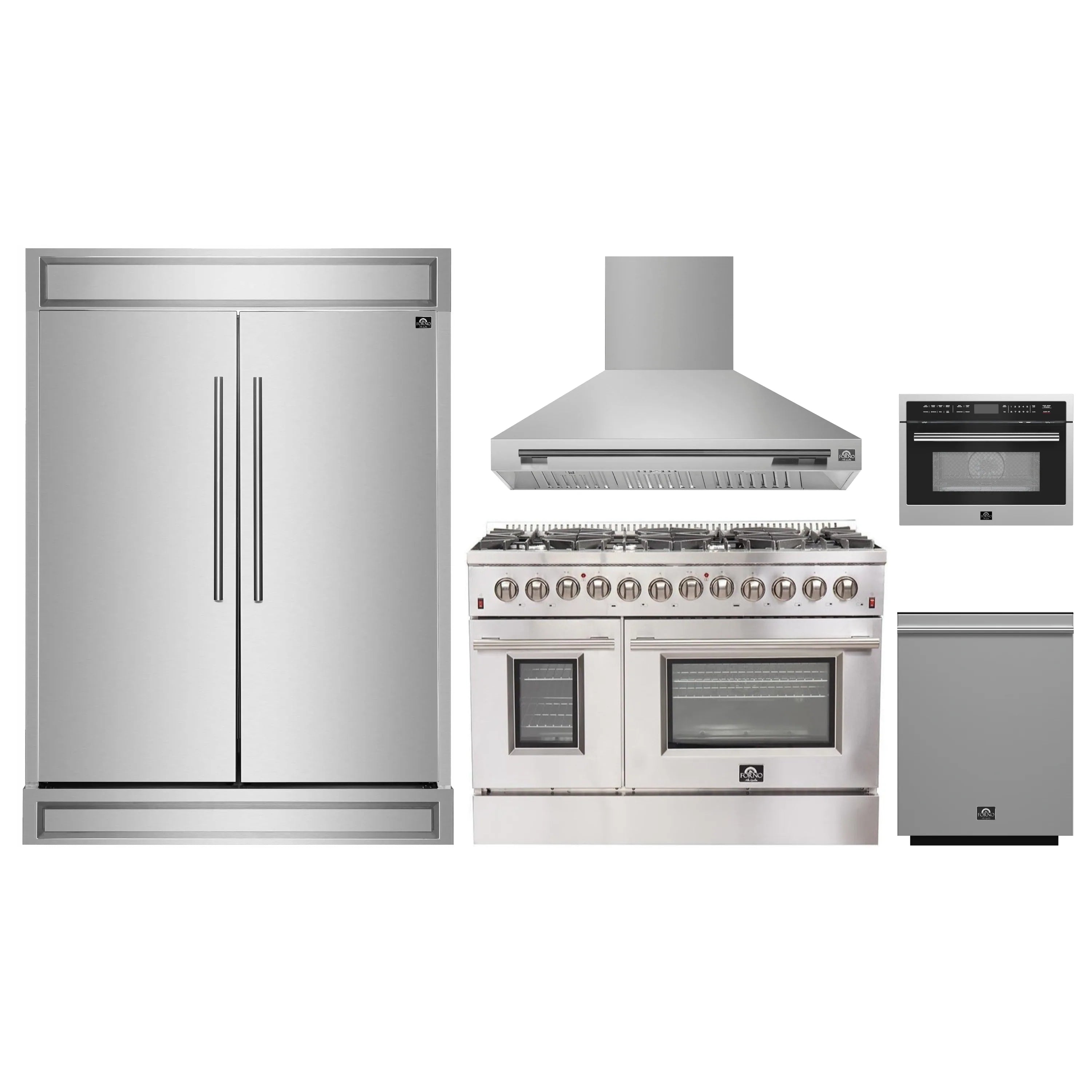 Stainless steel kitchen appliance set: refrigerator, range, hood, dishwasher, microwave