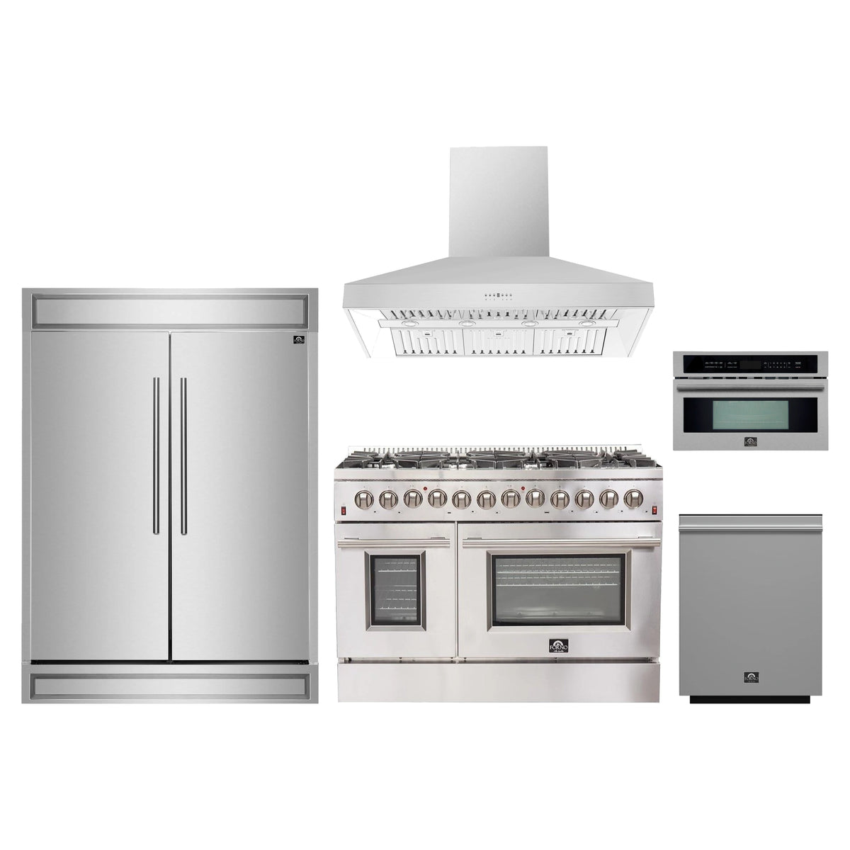 Forno 5-Piece Appliance Package - 48-Inch Dual Fuel Range, Wall Mount Range Hood, 60-Inch Refrigerator, Dishwasher, and 30-Inch Microwave Oven in Stainless Steel