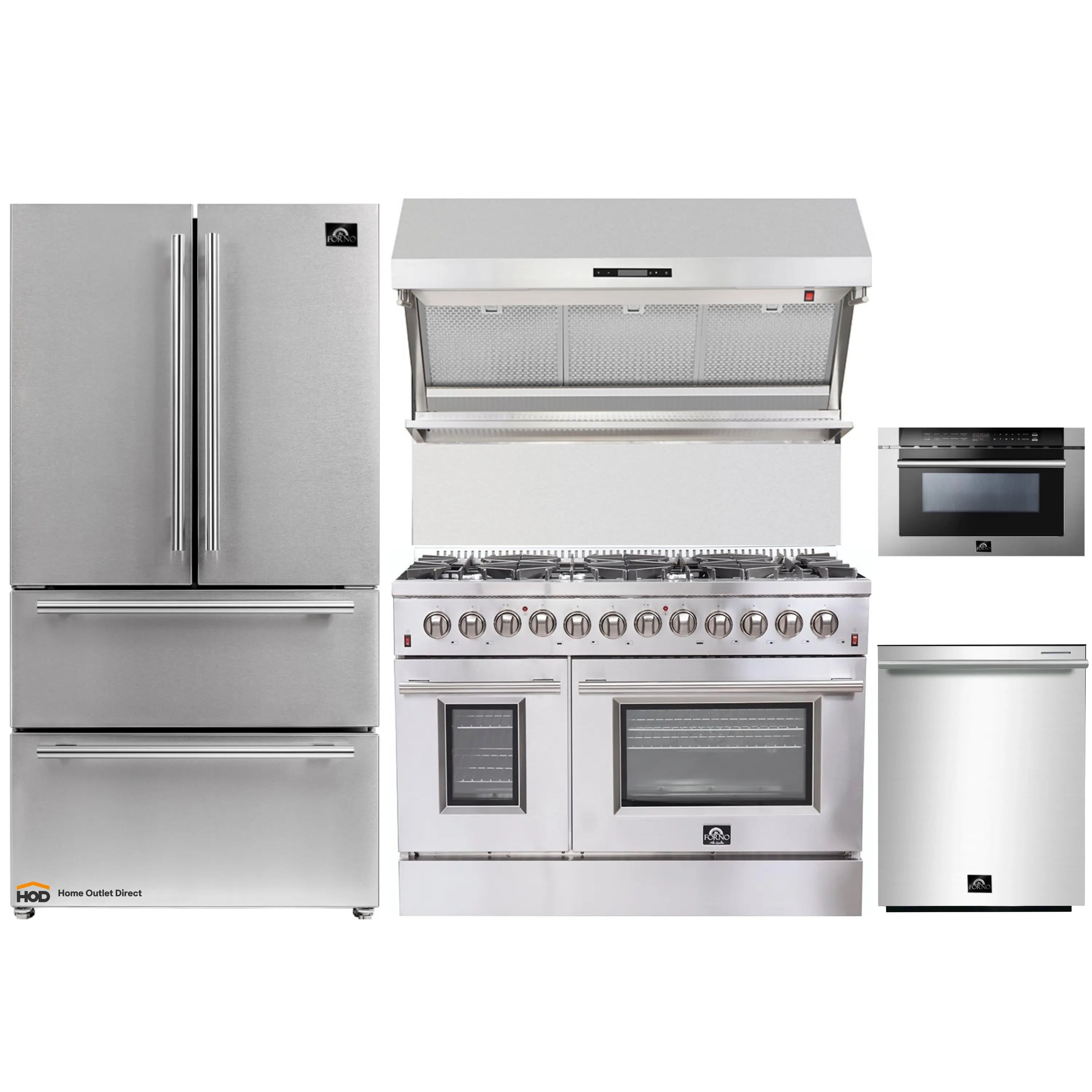 Stainless steel 5-piece appliance package: fridge, dual fuel range, hood, dishwasher