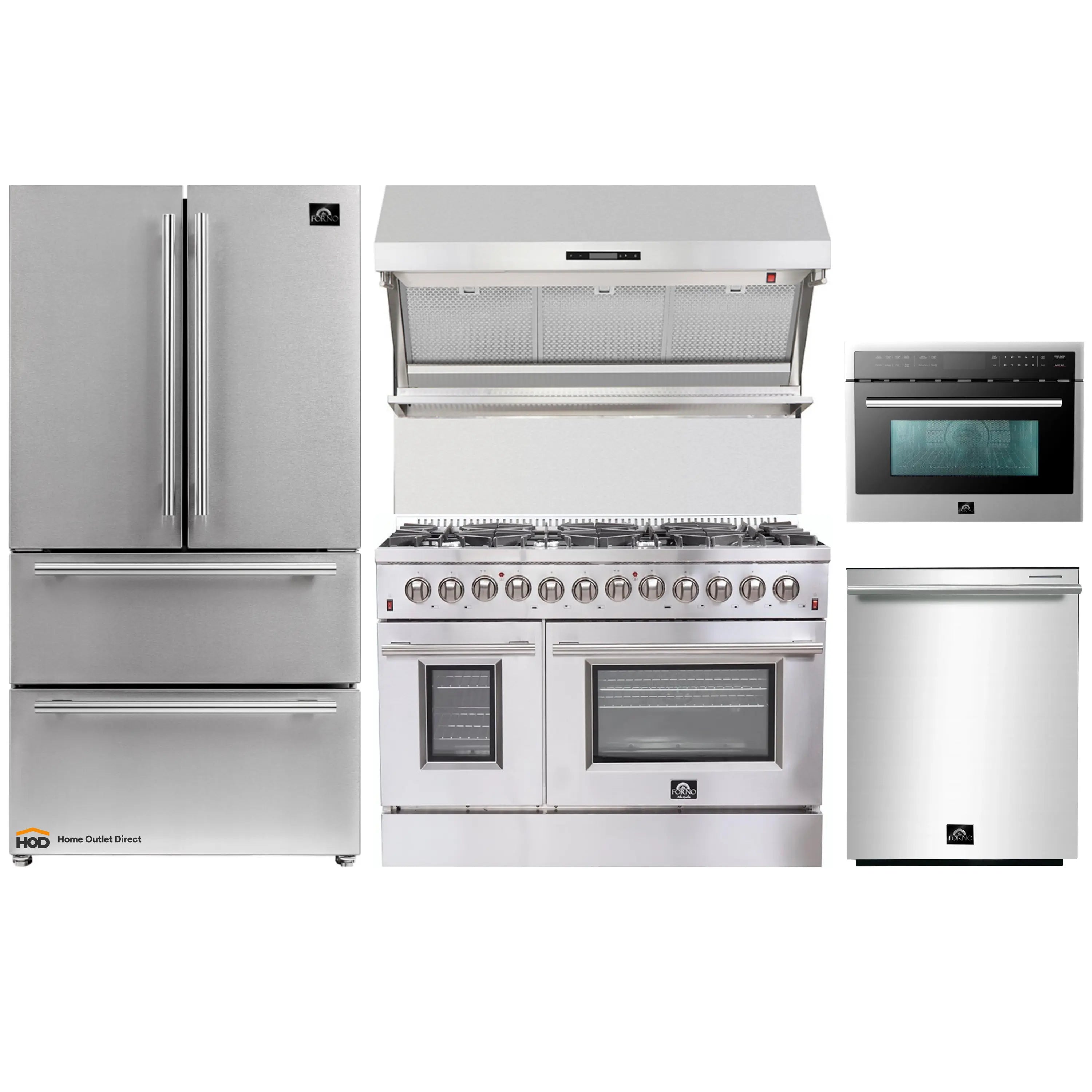 Stainless steel 5-piece appliance package with range, refrigerator, microwave, hood, dishwasher