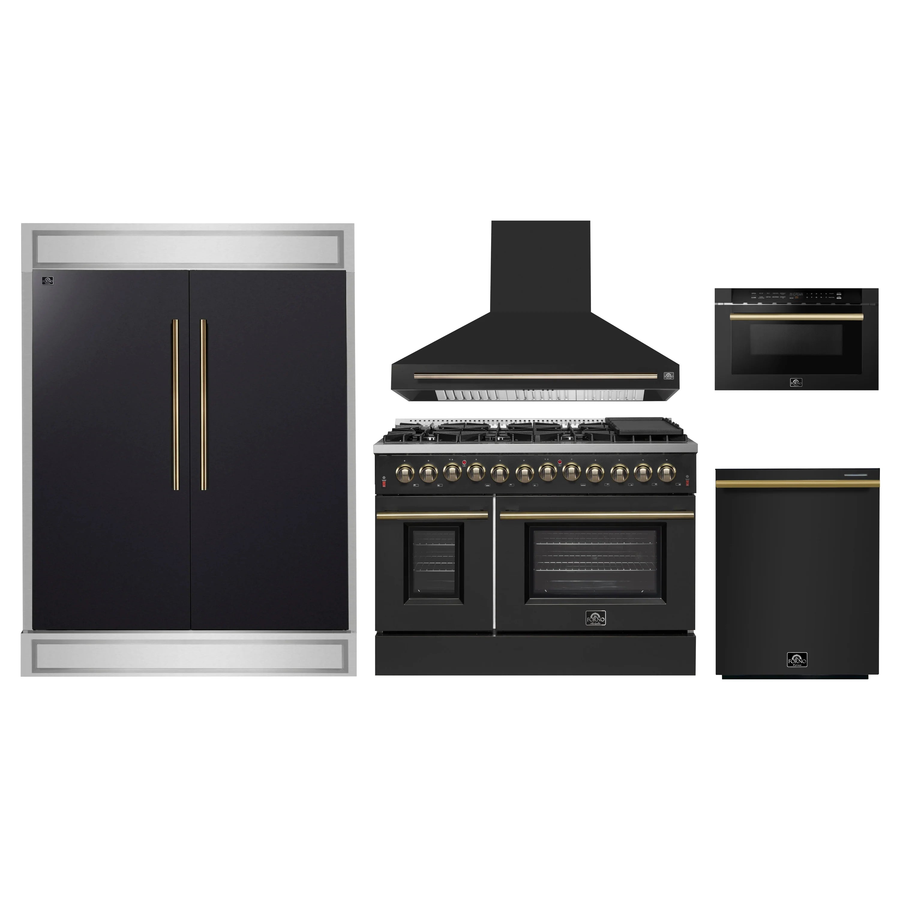 Black kitchen appliance set with refrigerator, range, hood, dishwasher, and microwave