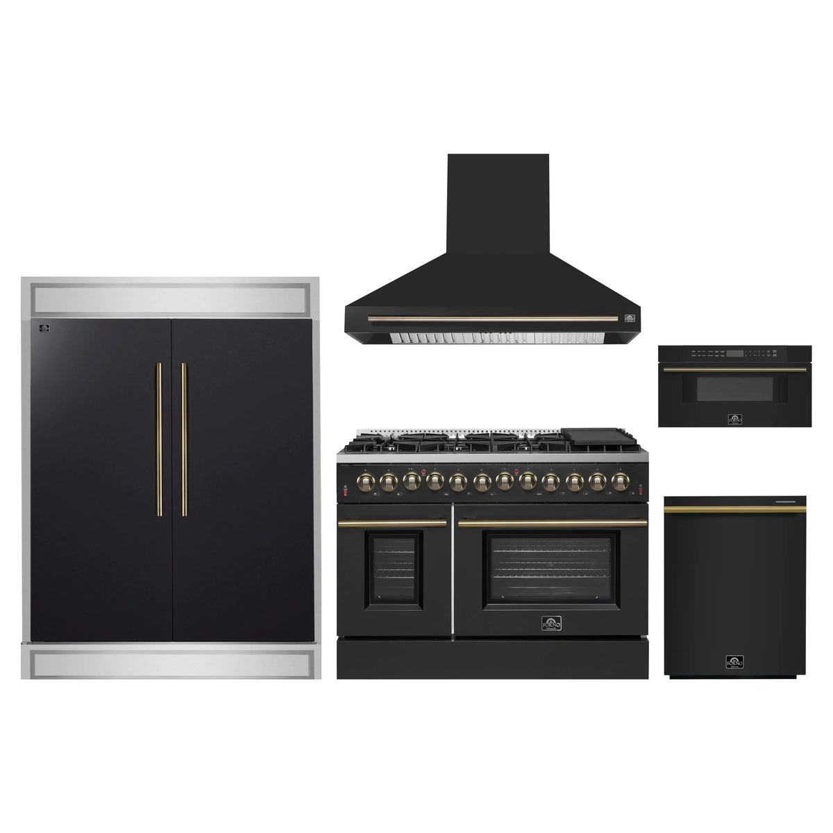 Forno 5-Piece Appliance Package - 48-Inch Dual Fuel Range, Wall Mount Range Hood, 60-Inch Refrigerator, Dishwasher, and 30-Inch Microwave Drawer in Black with Antique Brass Trim