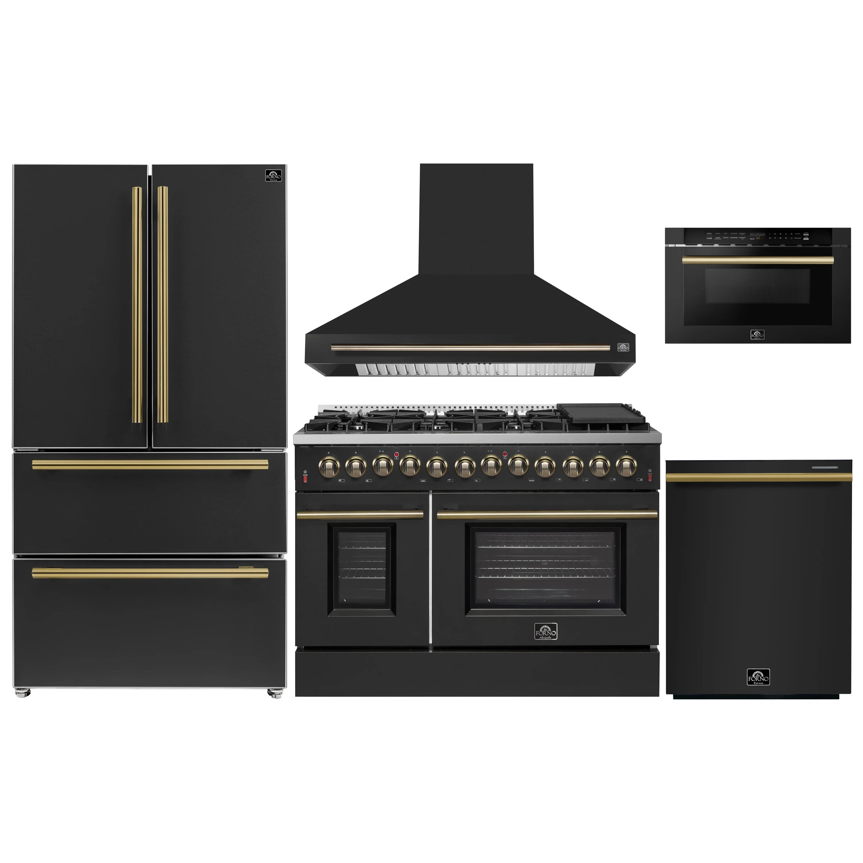 Black appliance package set with refrigerator, dual fuel range, hood, dishwasher, and microwave
