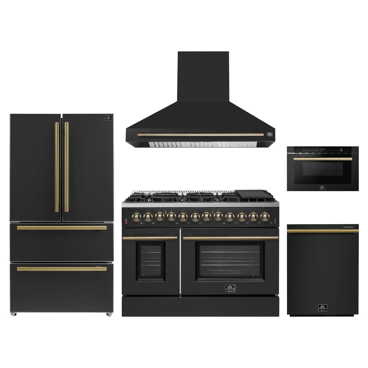 Forno 5-Piece Appliance Package - 48-Inch Dual Fuel Range, Wall Mount Range Hood, 36-Inch Refrigerator, Dishwasher, and 24-Inch Microwave Drawer in Black with Antique Brass Trim