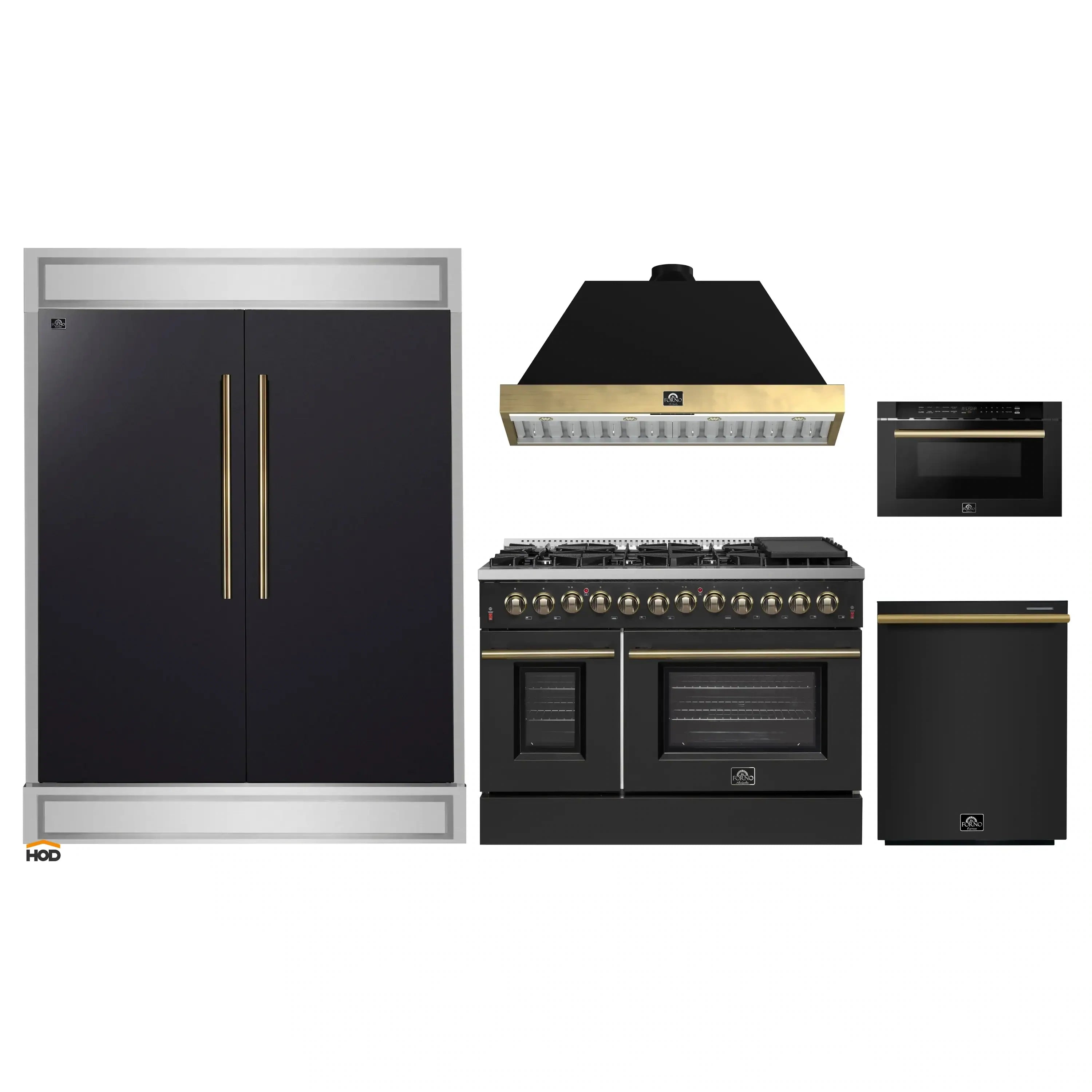 Appliance package with black range, refrigerator, dishwasher, and microwave drawer