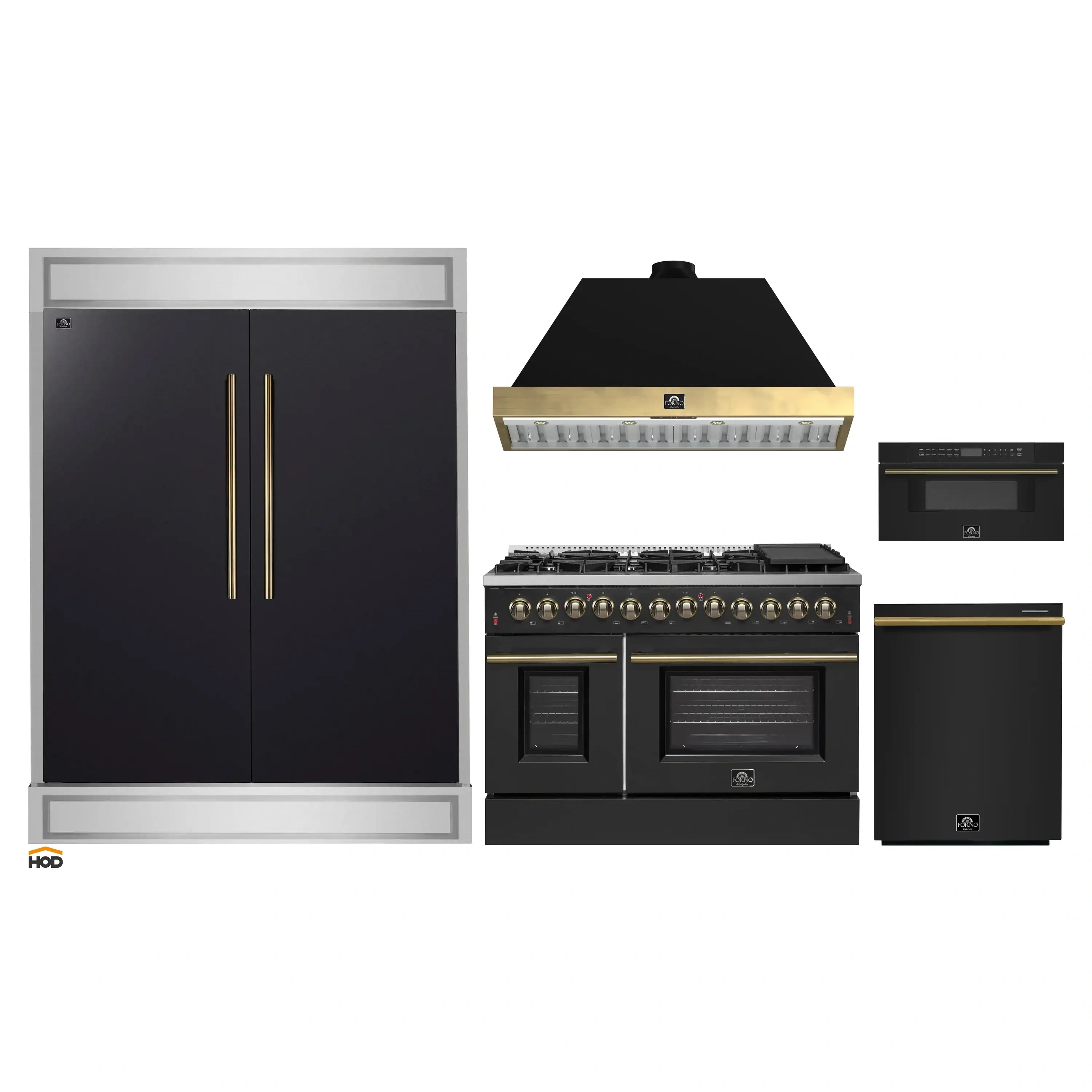 Complete Forno 5-piece black appliance set with antique brass trim, range, fridge, and more