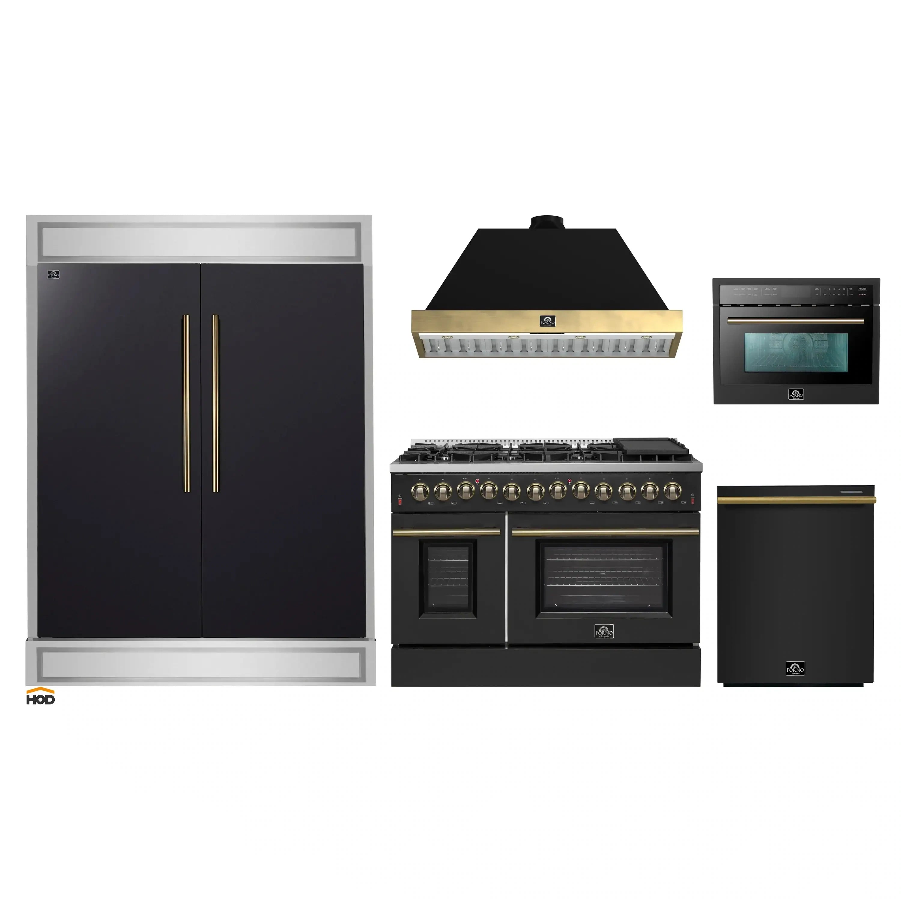 Black appliance bundle with refrigerator, range, dishwasher, and microwave, brass accents