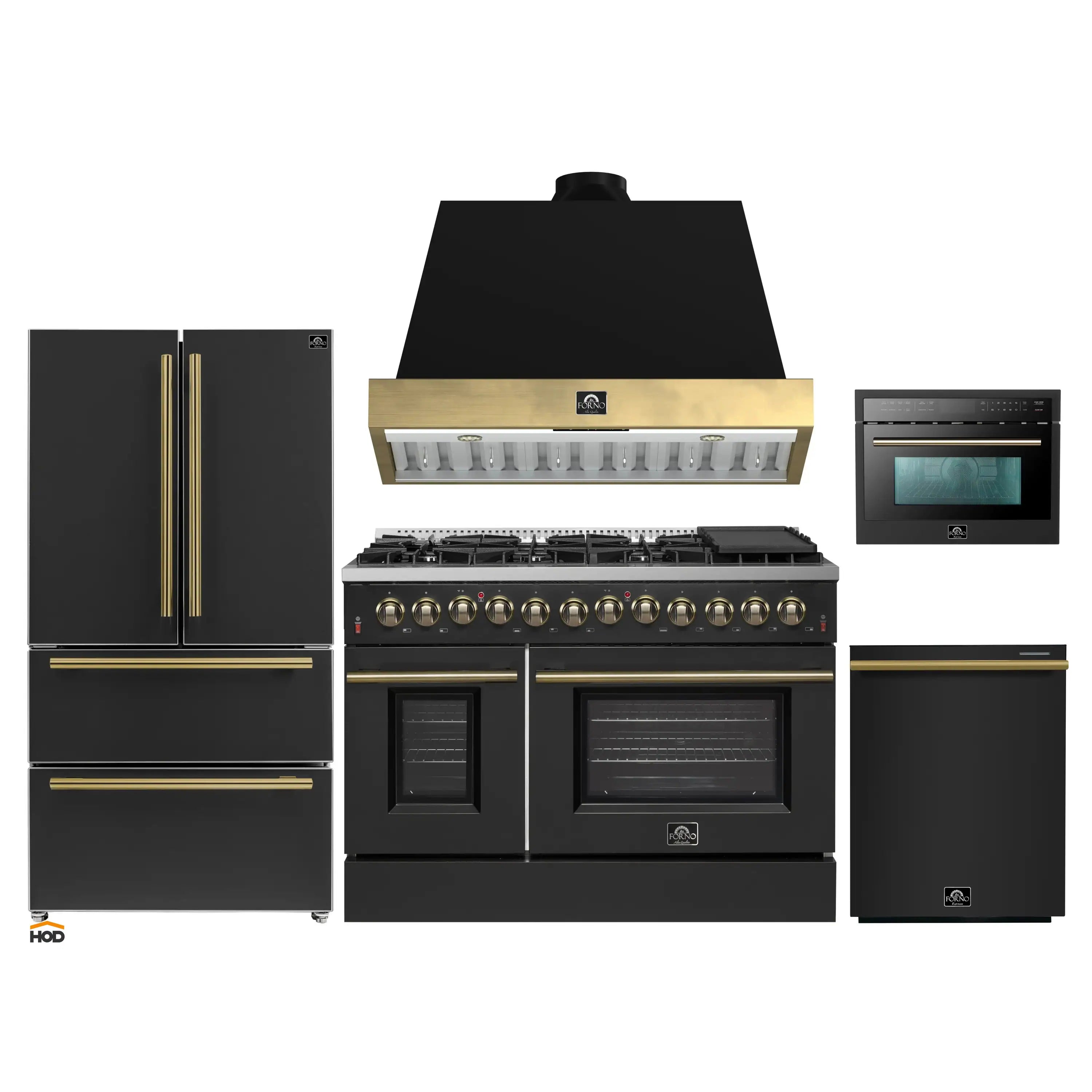 Black appliance package featuring range, hood, refrigerator, wall oven, and microwave