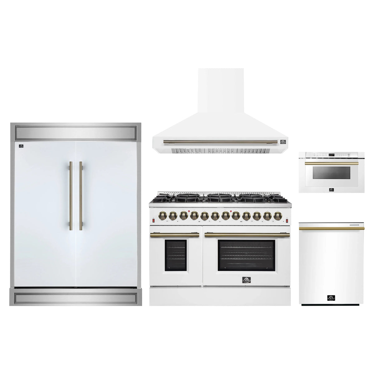 Forno 5-Piece Appliance Package - 48-Inch Dual Fuel Range, Wall Mount Range Hood, 60-Inch Refrigerator, Dishwasher, and 24-Inch Microwave Drawer in White with Antique Brass Trim