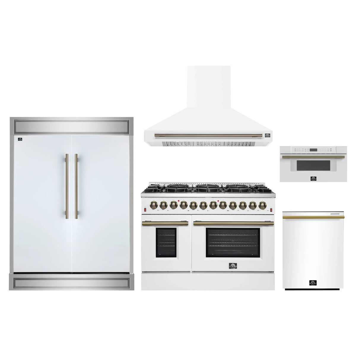 Forno 5-Piece Appliance Package - 48-Inch Dual Fuel Range, Wall Mount Range Hood, 60-Inch Refrigerator, Dishwasher, and 30-Inch Microwave Drawer in White with Antique Brass Trim