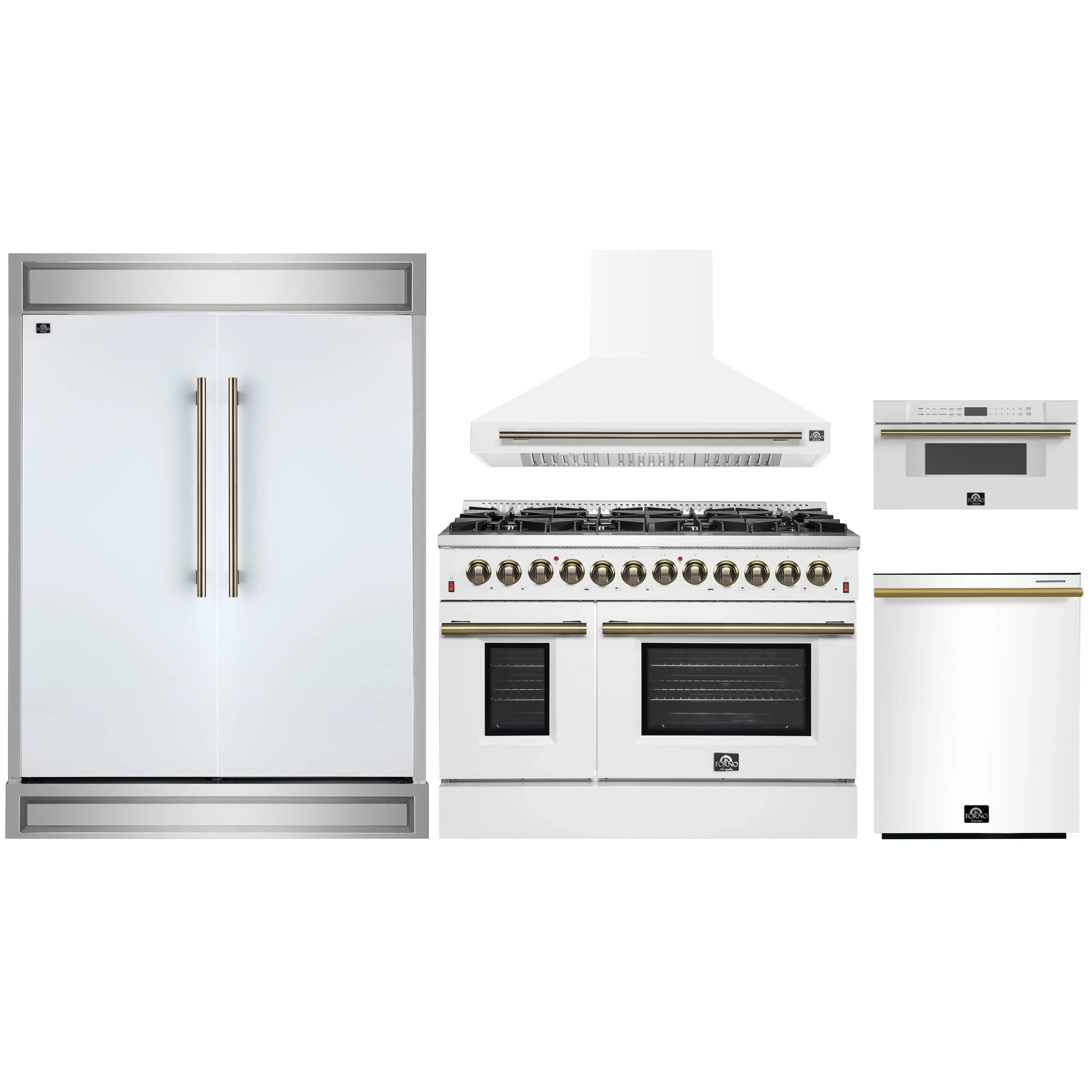 White kitchen appliance package with range, hood, refrigerator, microwave drawer, dishwasher