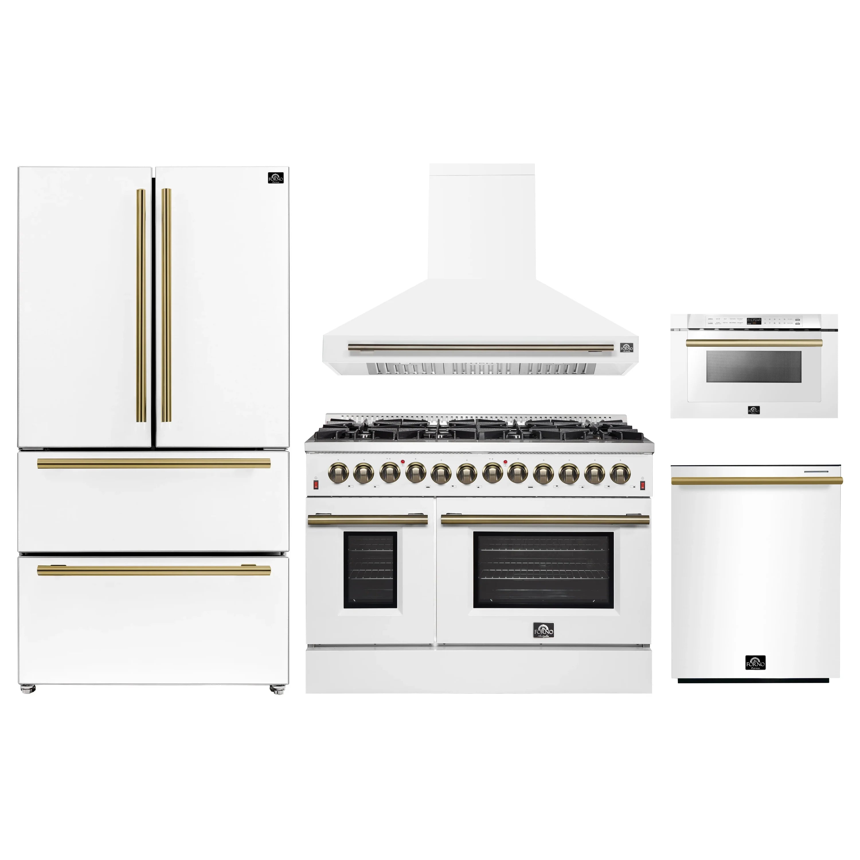 White 5-piece kitchen appliance set with brass-accent range, hood, fridge, dishwasher, microwave
