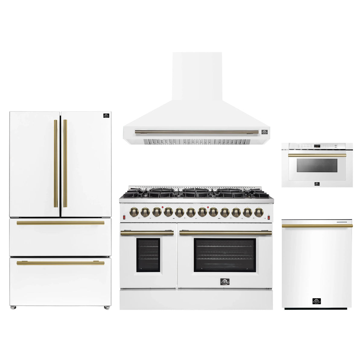 Forno 5-Piece Appliance Package - 48-Inch Dual Fuel Range, Wall Mount Range Hood, 36-Inch Refrigerator, Dishwasher, and 24-Inch Microwave Drawer in White with Antique Brass Trim