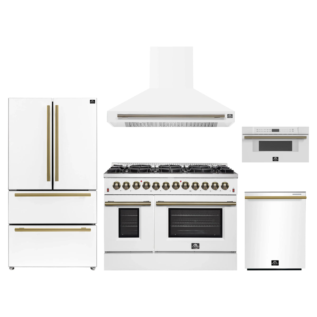 Forno 5-Piece Appliance Package - 48-Inch Dual Fuel Range, Wall Mount Range Hood, 36-Inch Refrigerator, Dishwasher, and 30-Inch Microwave Drawer in White with Antique Brass Trim
