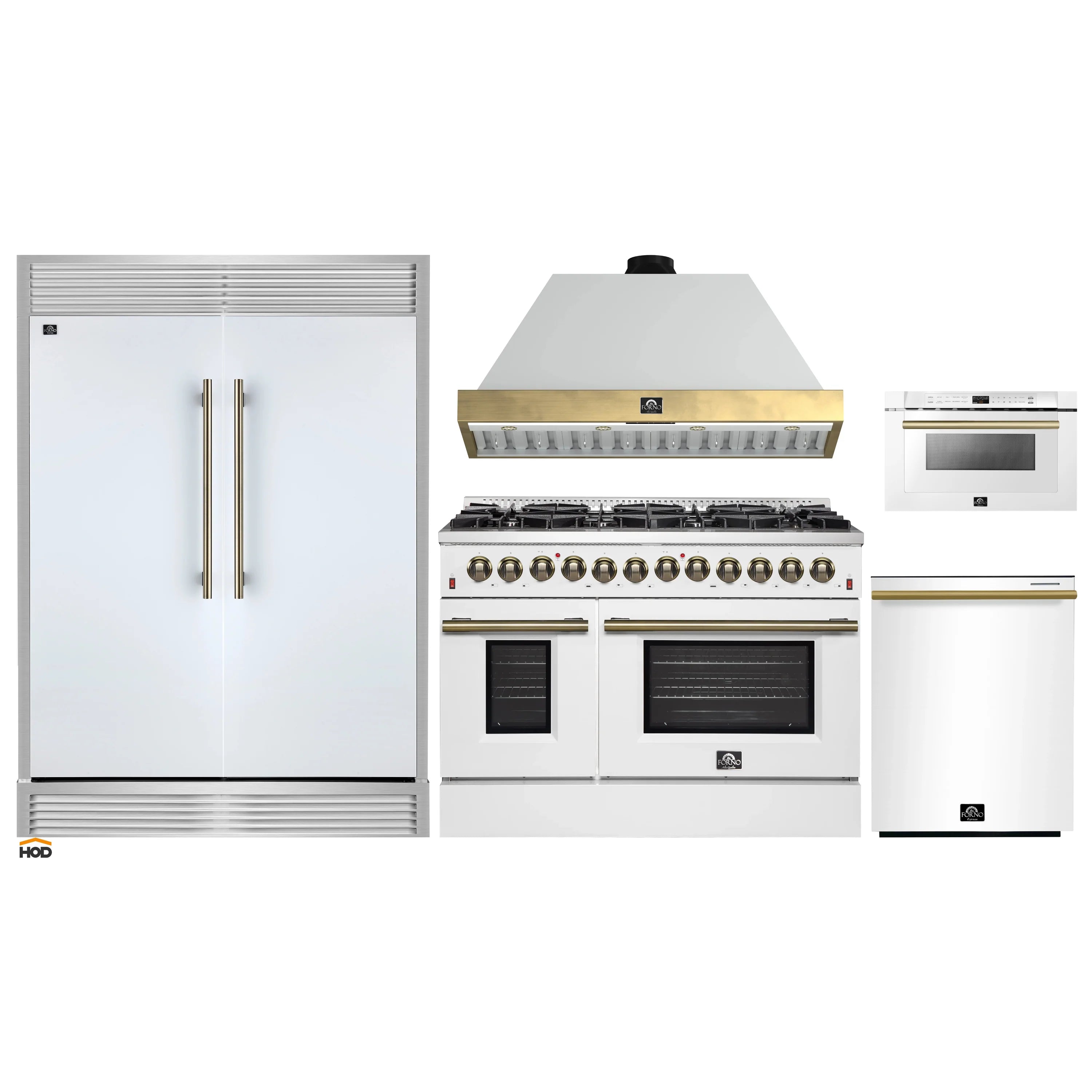 White 5-piece appliance package: dual fuel range, hood, microwave drawer, refrigerator
