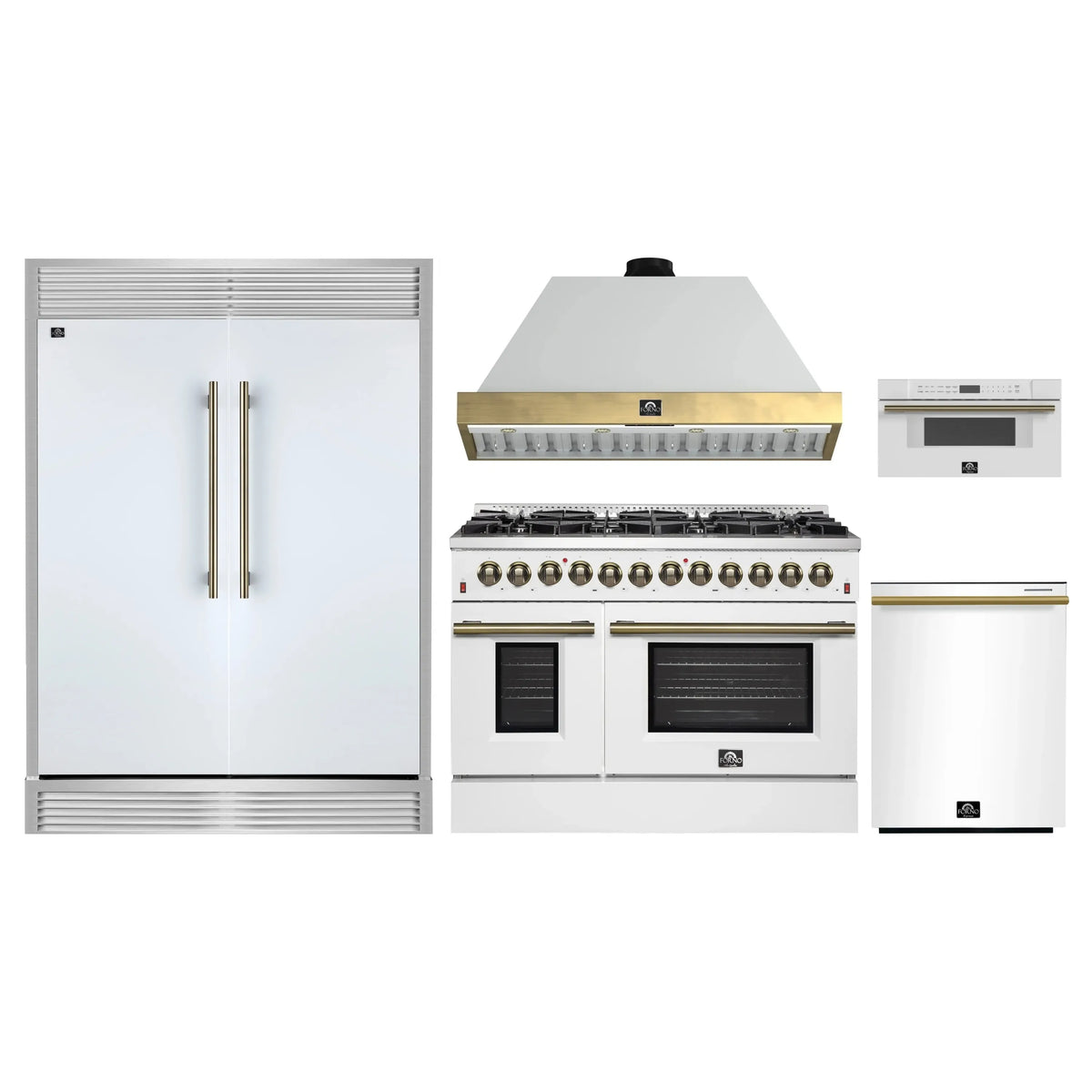 Forno 5-Piece Appliance Package - 48-Inch Galiano Dual Fuel Range, Wall Mount Range Hood, 60-Inch Refrigerator, Dishwasher, & 30-Inch Microwave Drawer in White with Antique Brass Trim