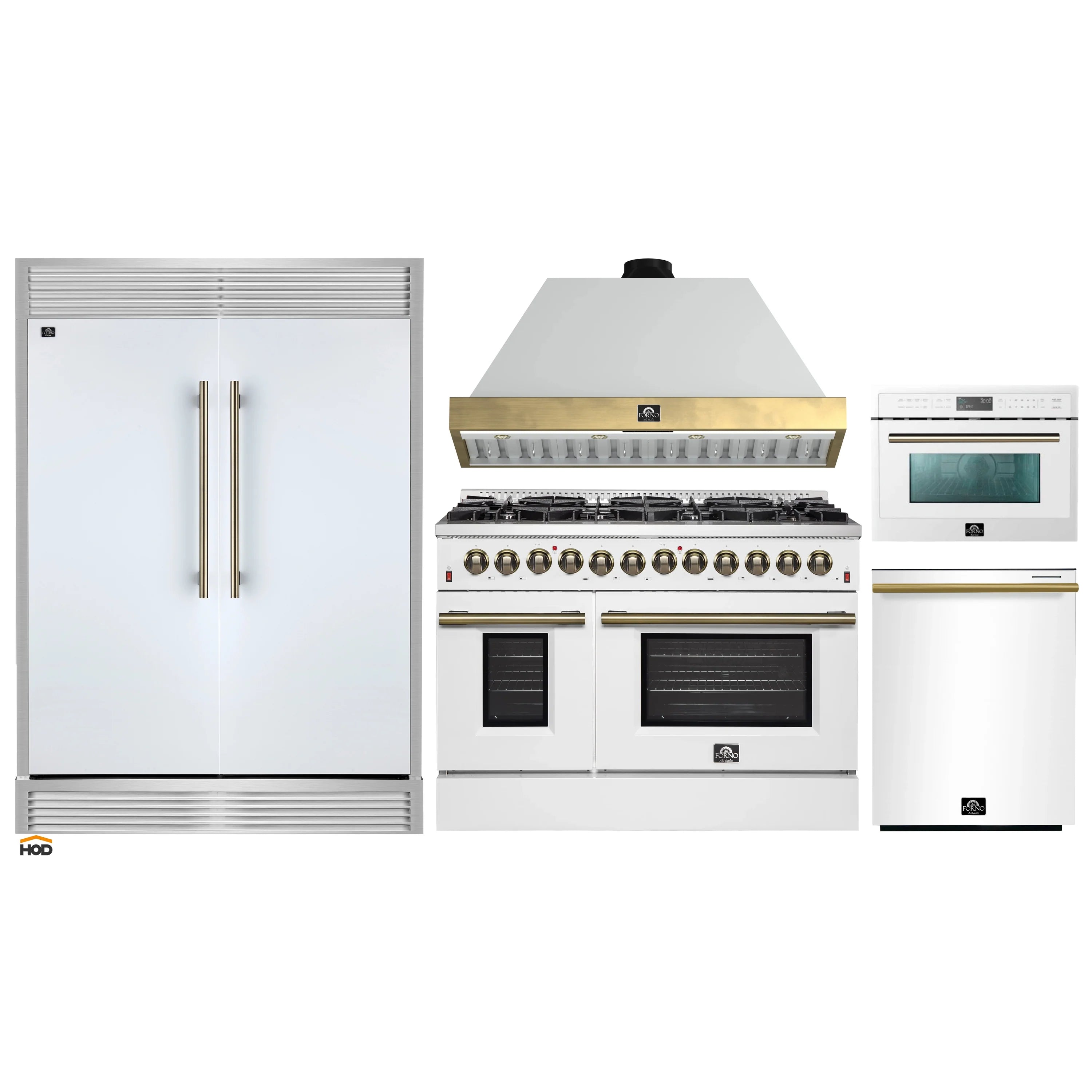 White kitchen appliance set with brass hood, dual-fuel range, and microwave