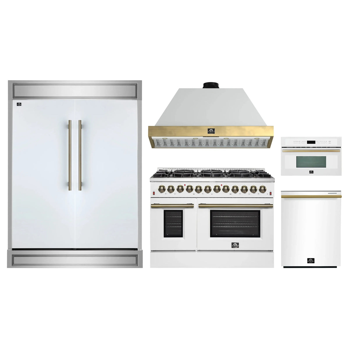Forno 5-Piece Appliance Package - 48-Inch Galiano Dual Fuel Range, Wall Mount Range Hood, 60-Inch Refrigerator, Dishwasher, & 30-Inch Microwave Oven in White with Antique Brass Trim