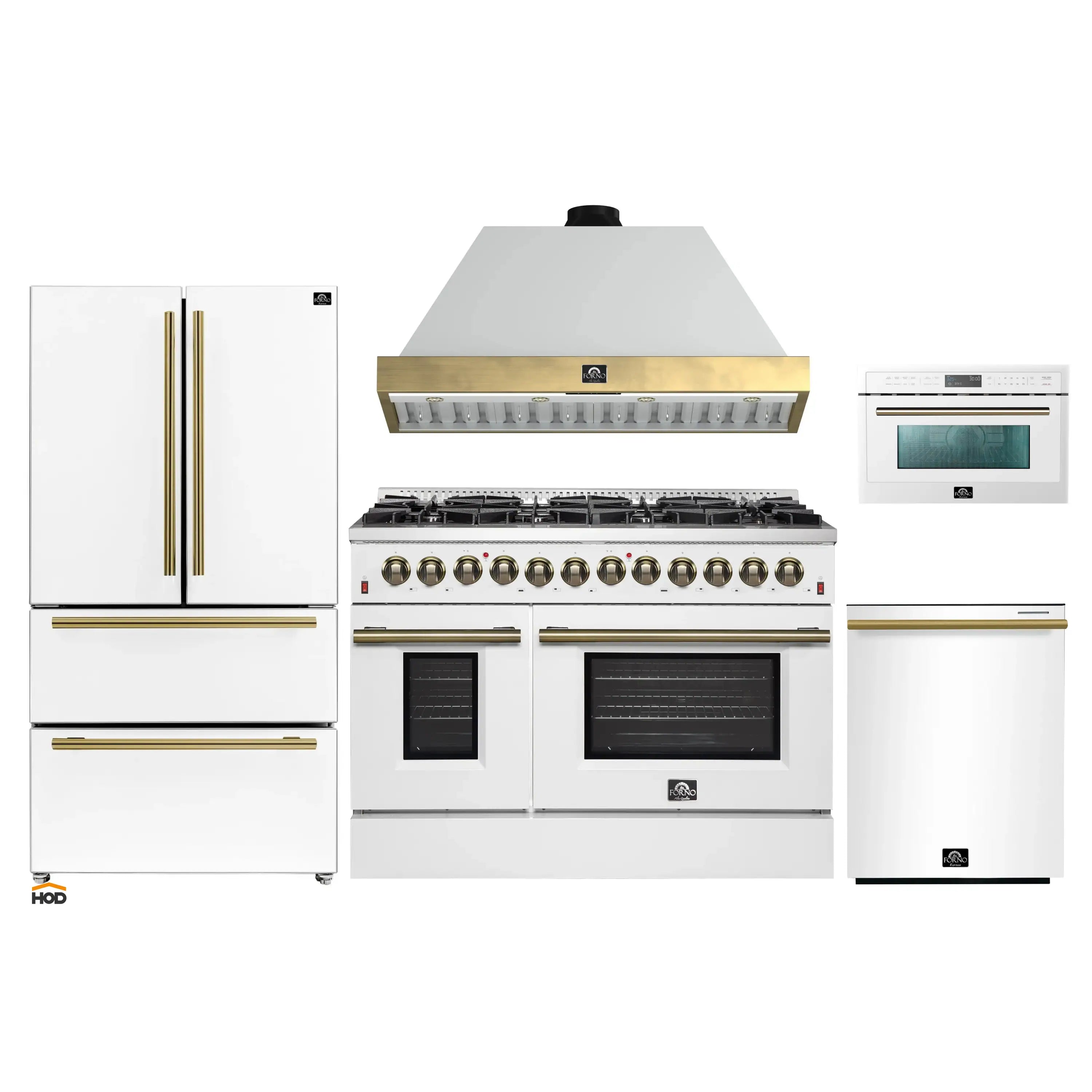 White 5-piece appliance package with range, hood, microwave, and refrigerator doors