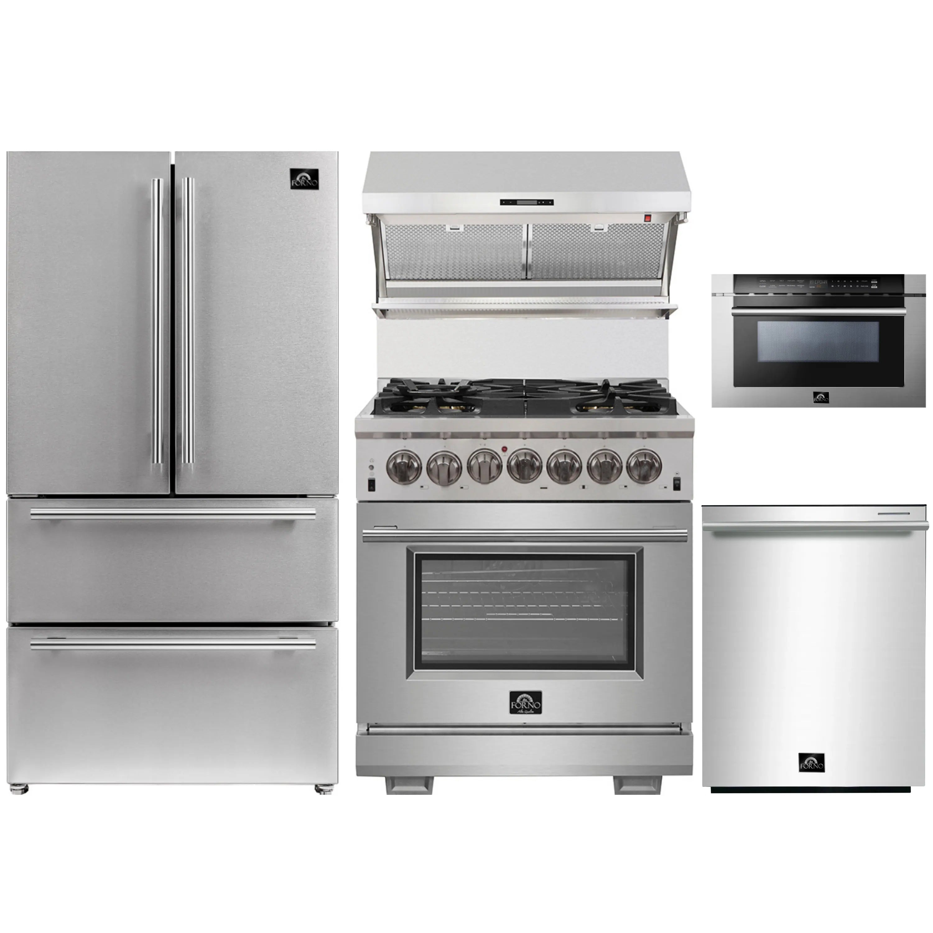 Stainless steel kitchen appliance set: refrigerator, dual-fuel range, microwave drawer, dishwasher