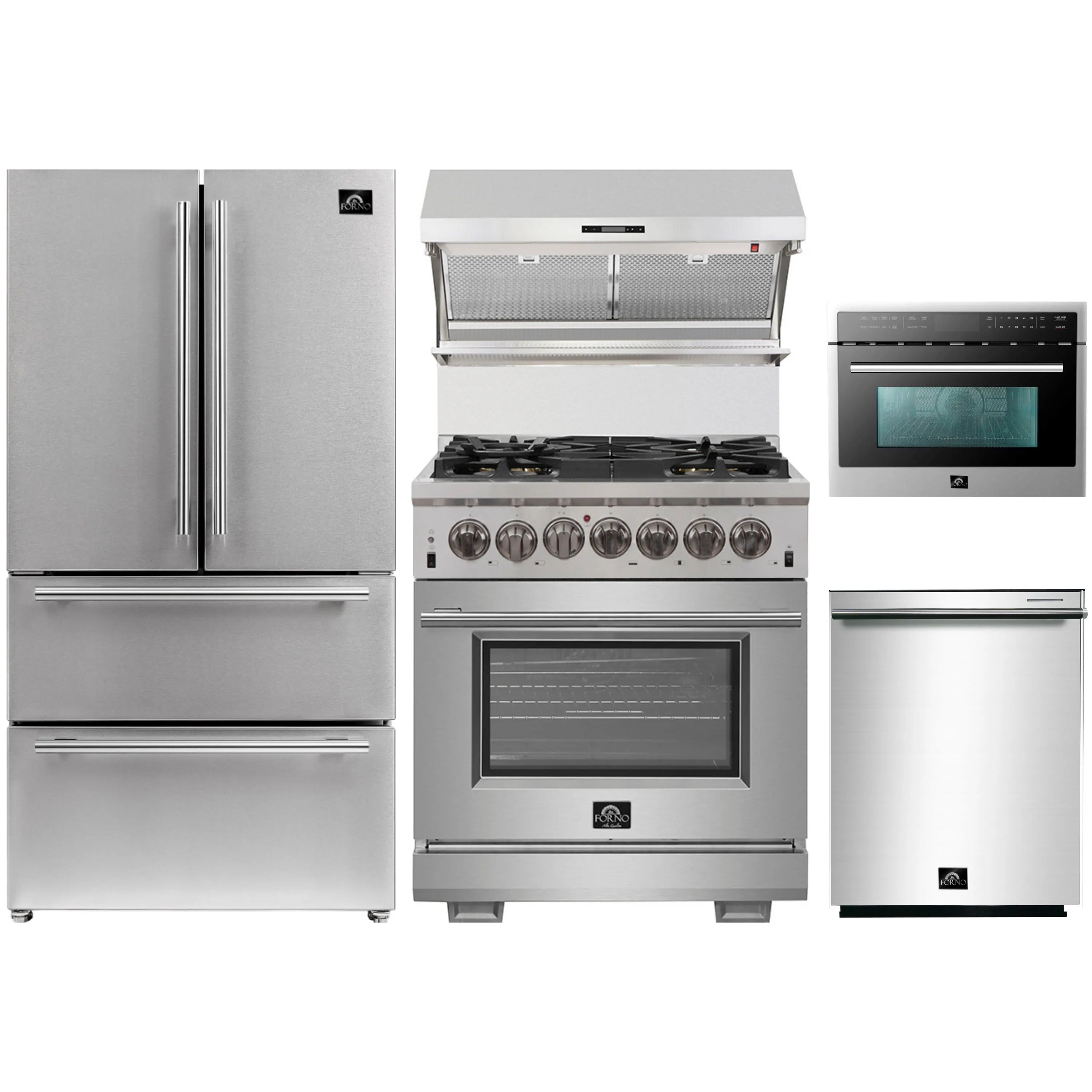 Stainless steel appliance bundle with refrigerator, dual fuel range, microwave, dishwasher