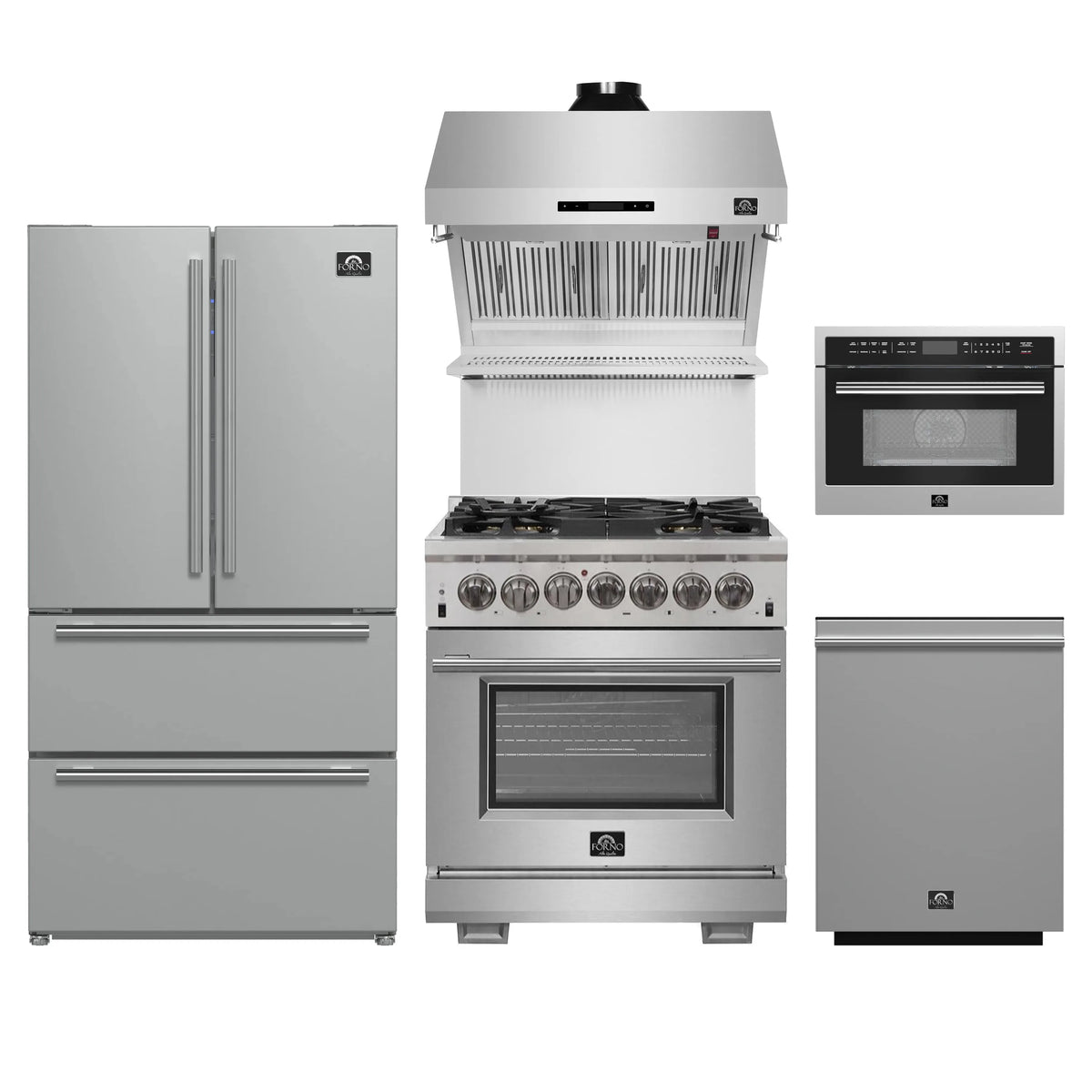 Forno 5-Piece Pro Appliance Package - 30-Inch Dual Fuel Range, Refrigerator, Wall Mount Hood with Backsplash, 24-Inch Microwave Oven, & 3-Rack Dishwasher in Stainless Steel