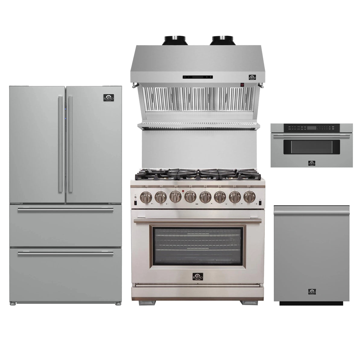 Forno 5-Piece Pro Appliance Package - 36-Inch Dual Fuel Range, 36-Inch Refrigerator, Wall Mount Hood with Backsplash, 30-Inch Microwave Drawer, & 3-Rack Dishwasher in Stainless Steel