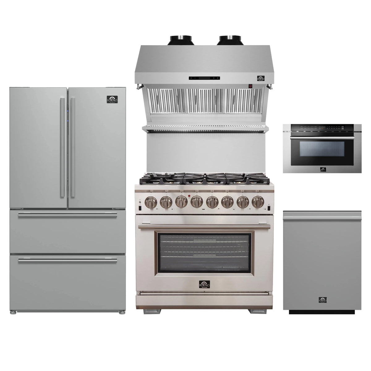 Forno 5-Piece Pro Appliance Package - 36-Inch Dual Fuel Range, 36-Inch Refrigerator, Wall Mount Hood with Backsplash, 24-Inch Microwave Drawer, & 3-Rack Dishwasher in Stainless Steel