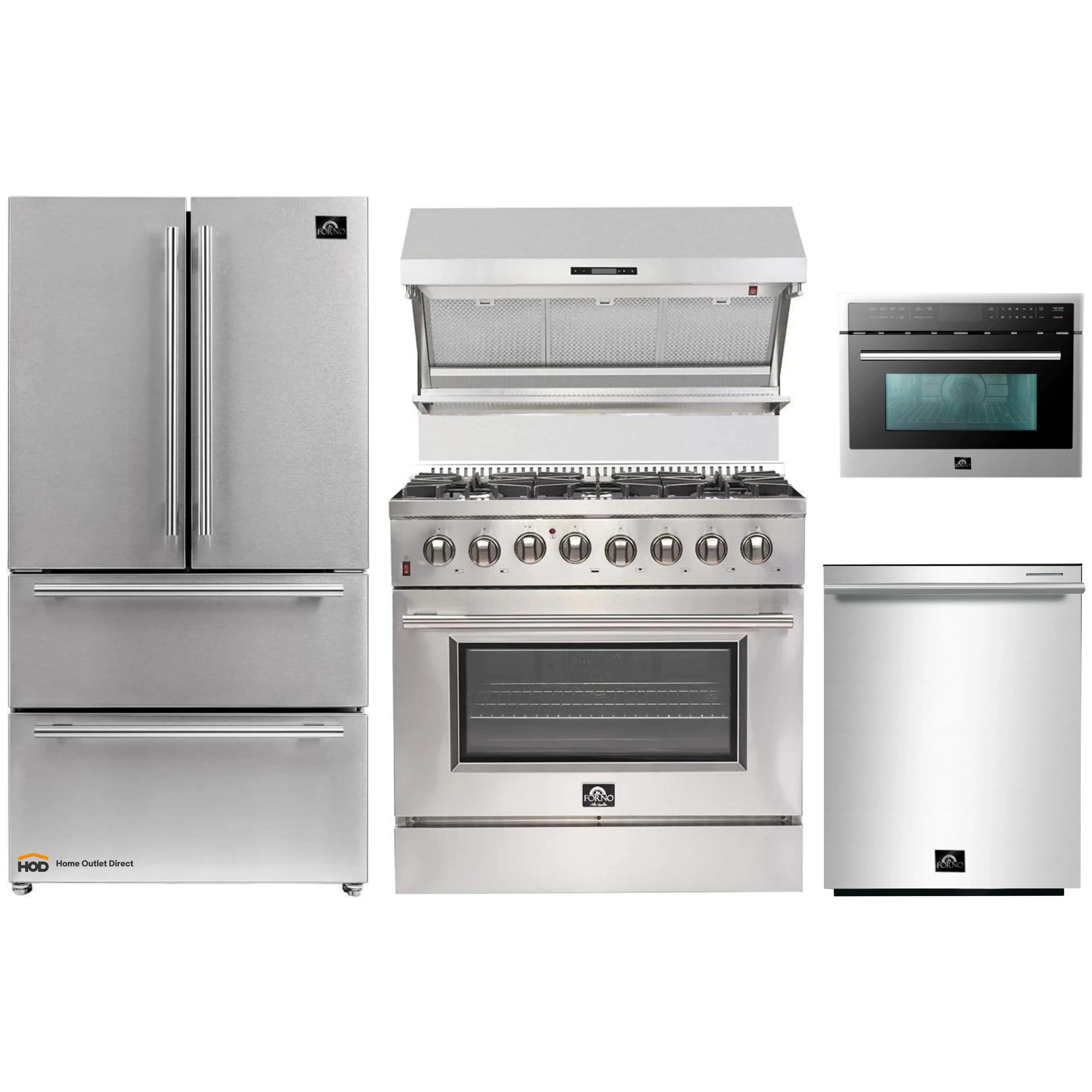 Stainless steel appliance package with refrigerator, range, hood, and built-in microwave