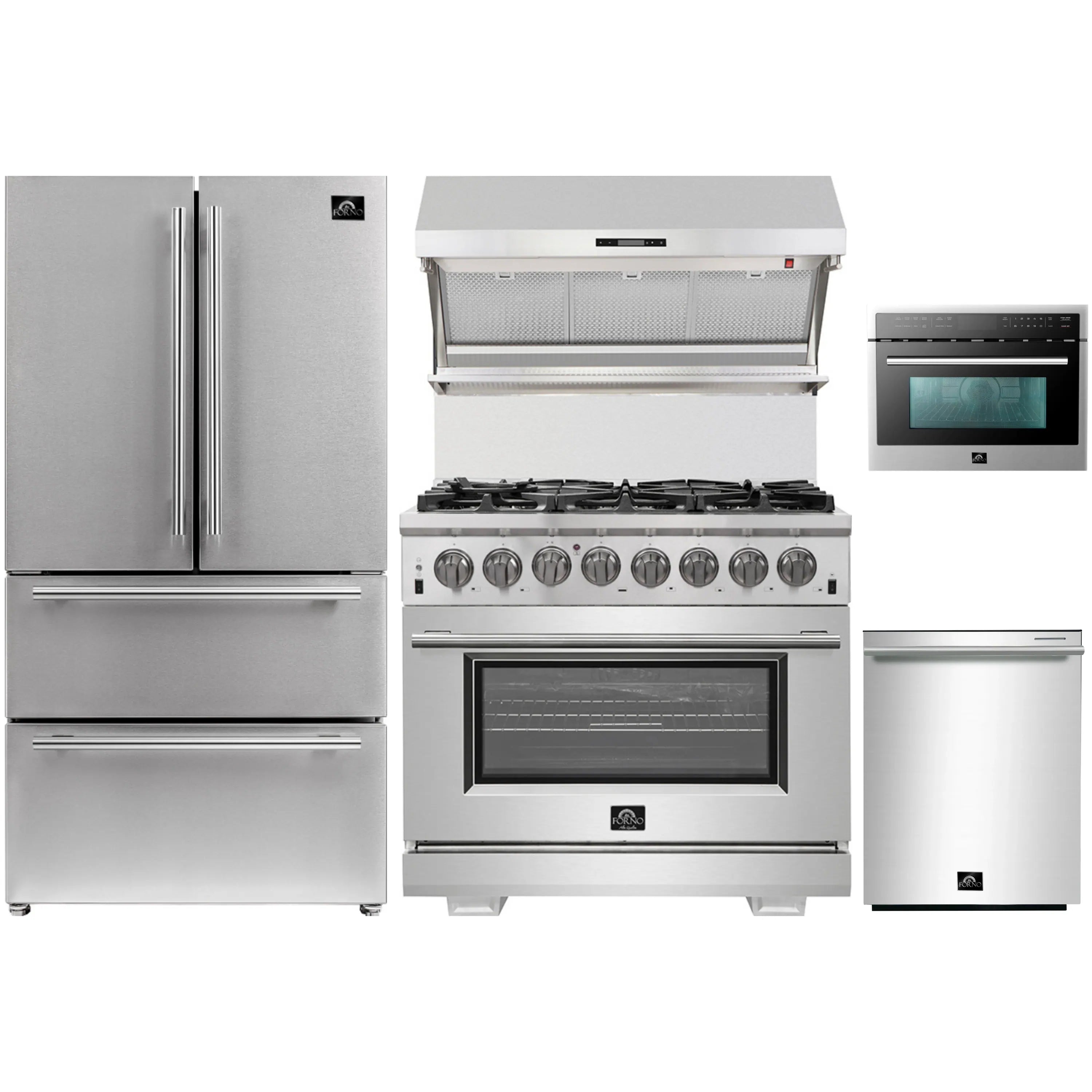 Stainless steel appliance package with refrigerator, dual-fuel range, microwave, dishwasher