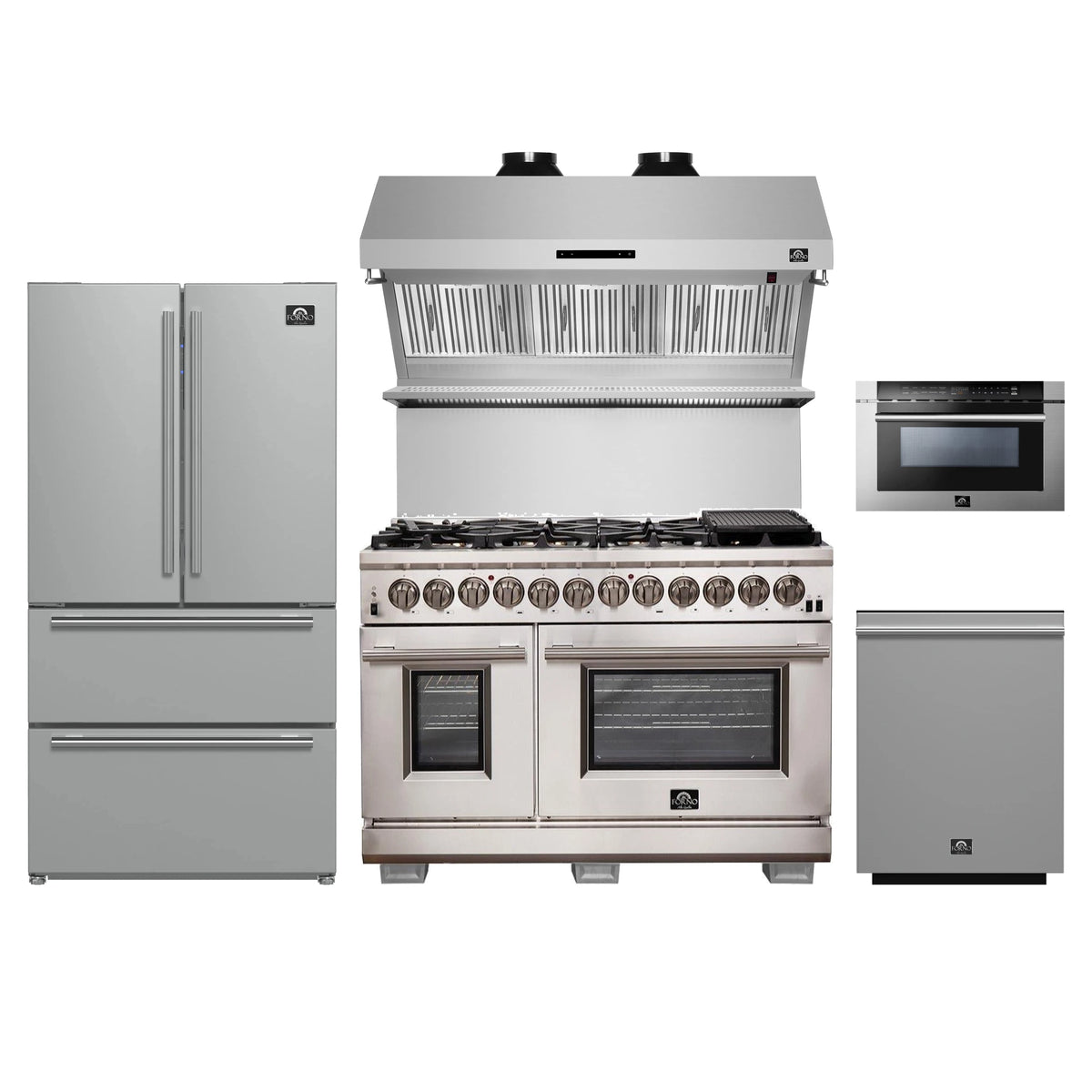 Forno 5-Piece Pro Appliance Package - 48-Inch Dual Fuel Range, Refrigerator, Wall Mount Hood with Backsplash, 24-Inch Microwave Drawer, & 3-Rack Dishwasher in Stainless Steel