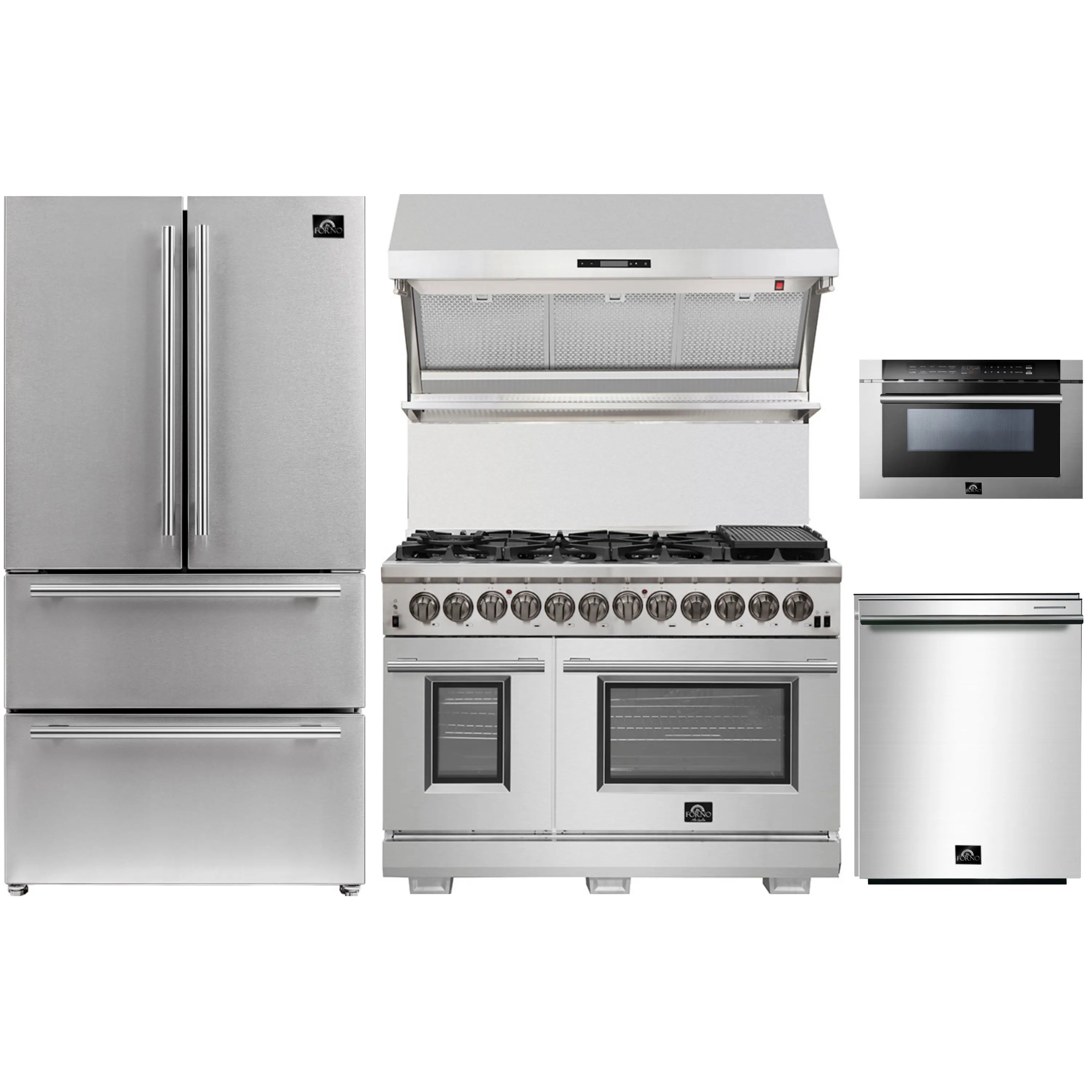 Stainless steel 5-piece kitchen appliance set: range, refrigerator, hood, microwave, dishwasher.