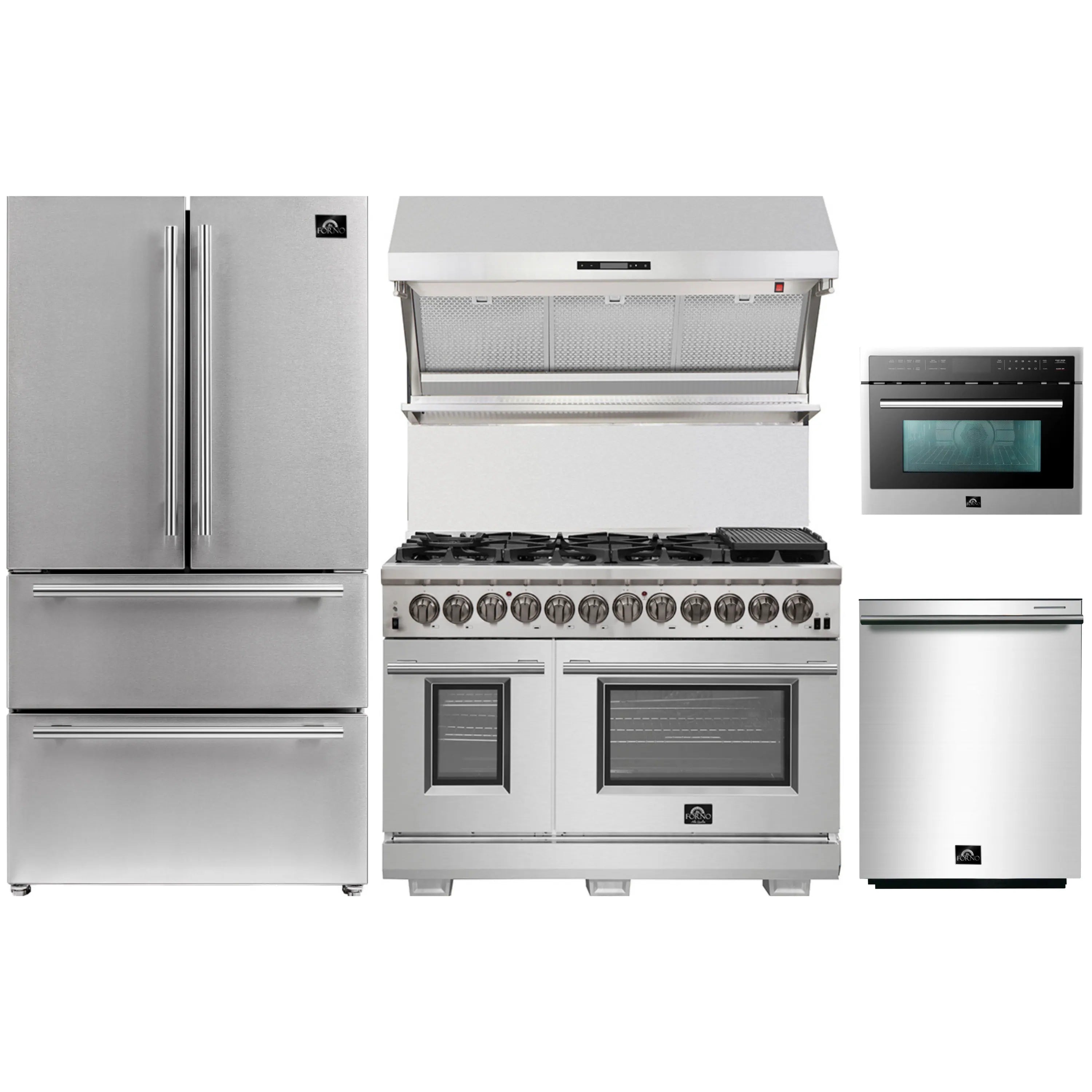 Stainless steel kitchen appliance set with refrigerator, dual-fuel range, microwave, dishwasher