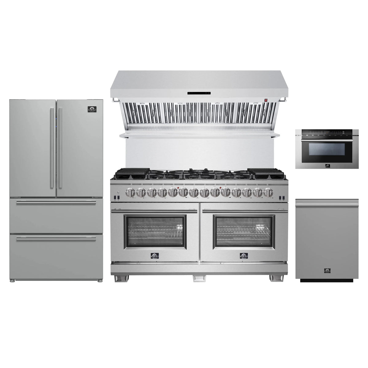 Forno 5-Piece Pro Appliance Package - 60-Inch Dual Fuel Range, Refrigerator, Wall Mount Hood with Backsplash, 24-Inch Microwave Drawer, & 3-Rack Dishwasher in Stainless Steel