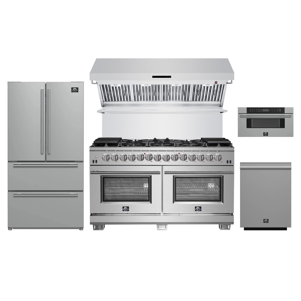 Forno 5-Piece Pro Appliance Package - 60-Inch Dual Fuel Range, Refrigerator, Wall Mount Hood with Backsplash, 30-Inch Microwave Drawer, & 3-Rack Dishwasher in Stainless Steel