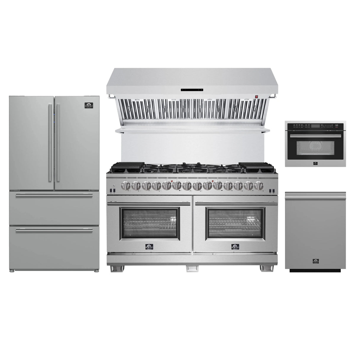 Forno 5-Piece Pro Appliance Package - 60-Inch Dual Fuel Range, Refrigerator, Wall Mount Hood with Backsplash, 24-Inch Microwave Oven, & 3-Rack Dishwasher in Stainless Steel