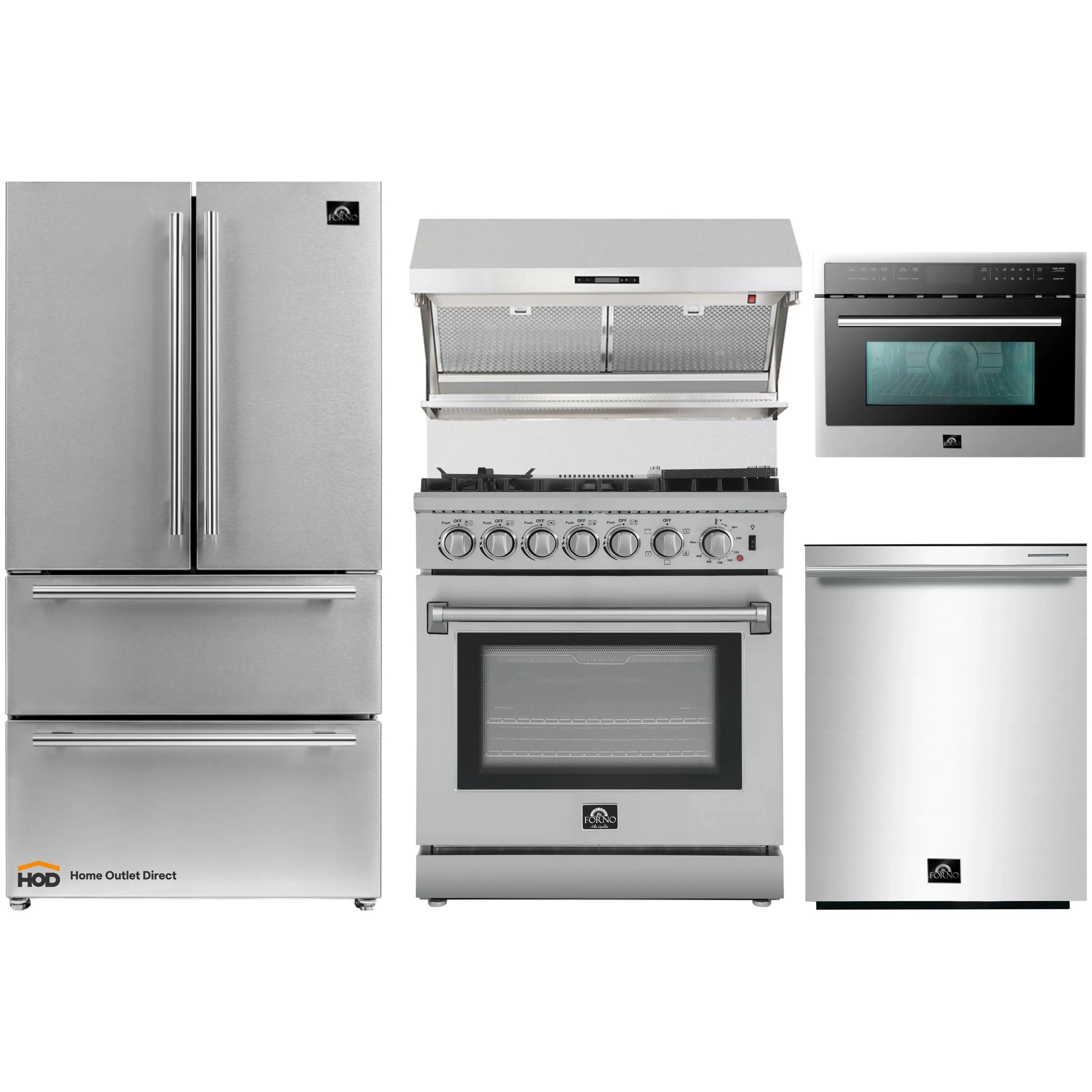 Stainless steel appliance set with range, microwave, hood, refrigerator, and dishwasher