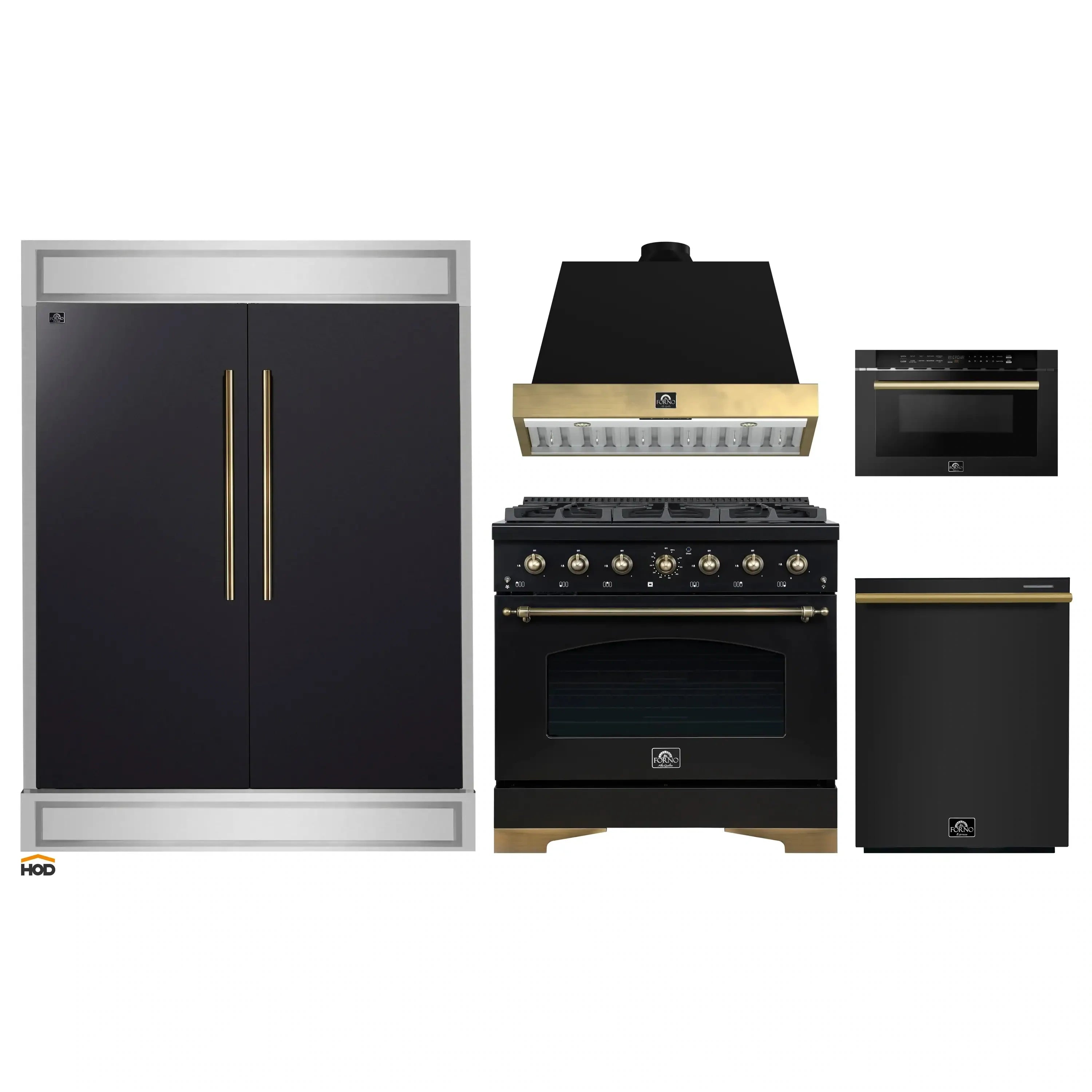 Black appliance package set with gas range, microwave, oven, dishwasher, refrigerator