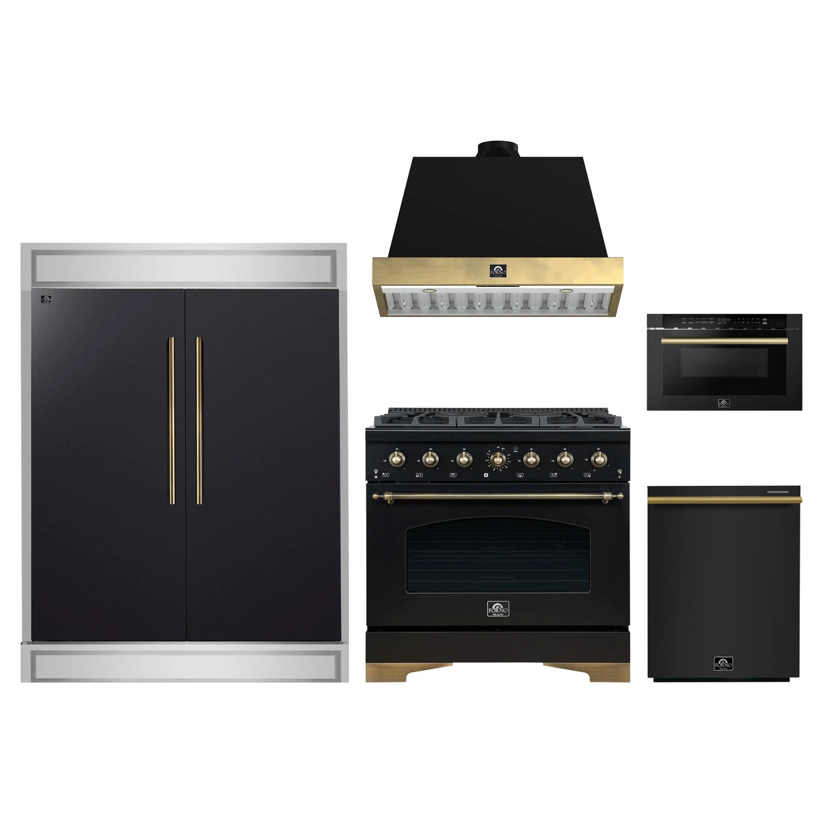 Forno 5-Piece Appliance Package - 36-Inch Gas Range, Wall Mount Range Hood, 60-Inch Convertible Refrigerator with Modern Trim, Dishwasher, and 24-Inch Microwave Drawer in Black with Antique Brass Trim